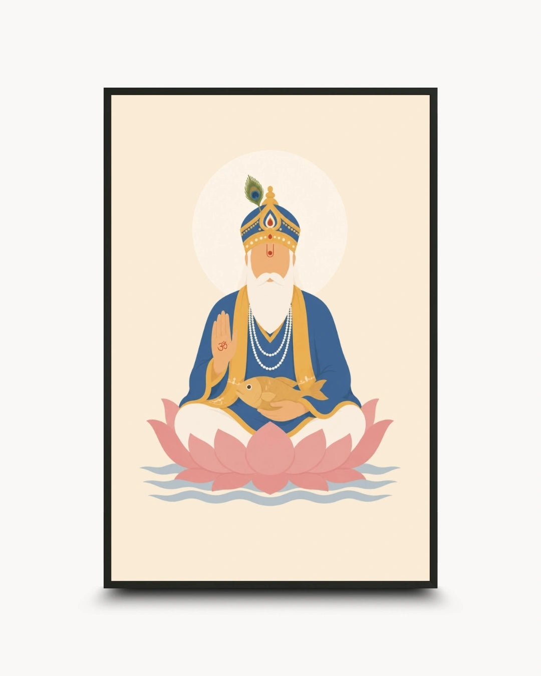 Minimalist illustration of Lord Jhulelal seated peacefully on a lotus presented as a modern wall art piece in a sleek noir black frame.