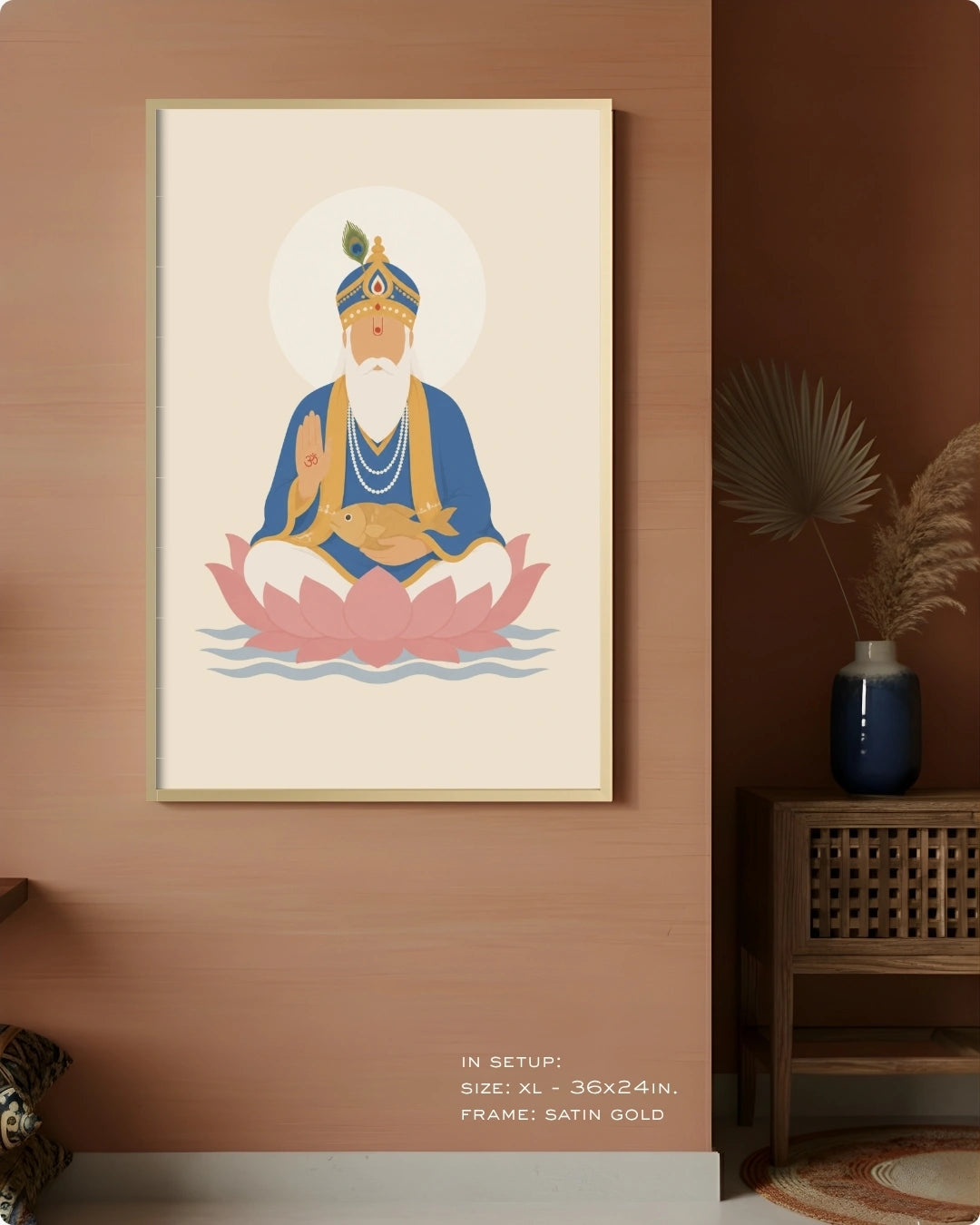 Visual size guide mockup for the Lord Jhulelal wall art in Extra Large size with a satin gold frame displayed against a warm terracotta accent wall.
