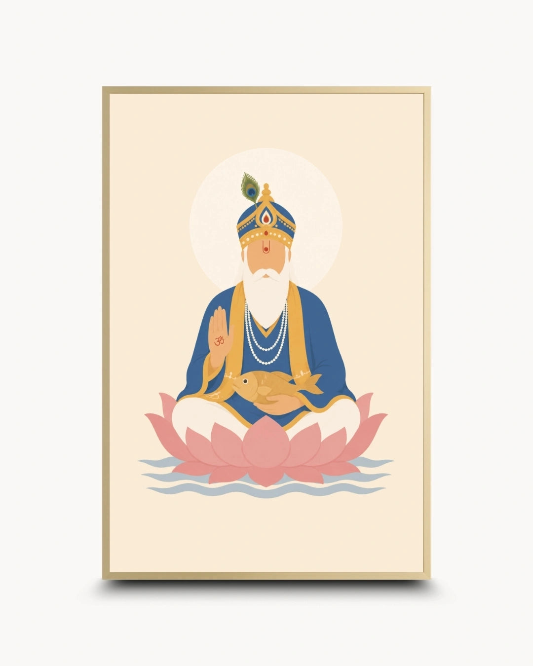 Minimalist illustration of Lord Jhulelal seated peacefully on a lotus presented as a modern wall art piece in an elegant satin gold frame.