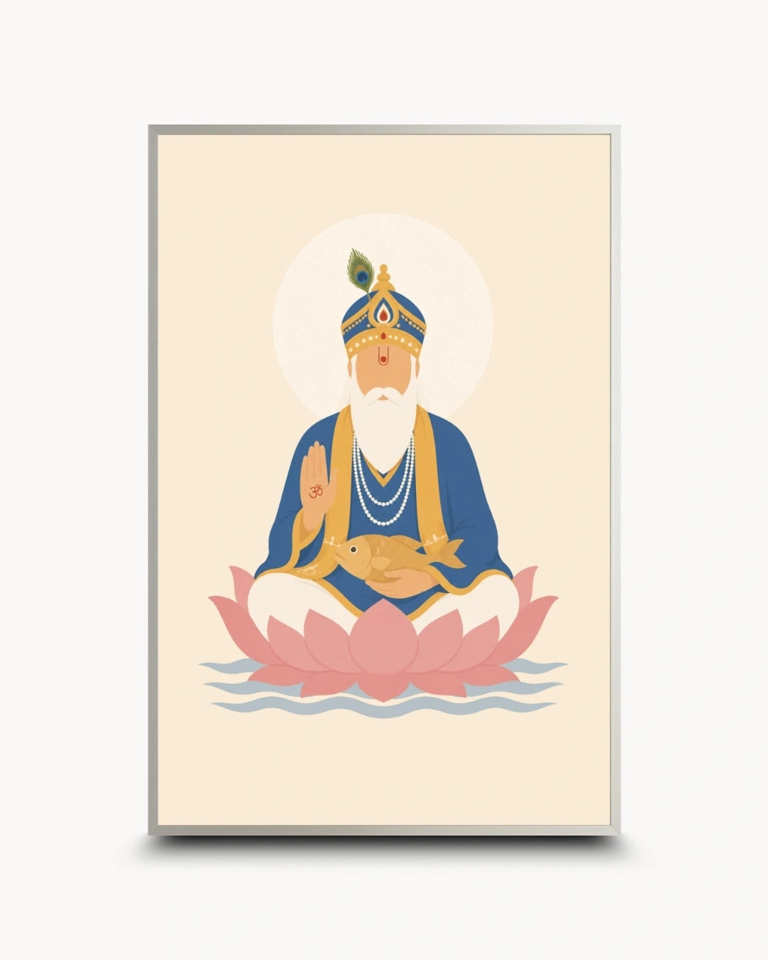 Minimalist illustration of Lord Jhulelal seated peacefully on a lotus presented as a modern wall art piece in a modern satin silver frame.