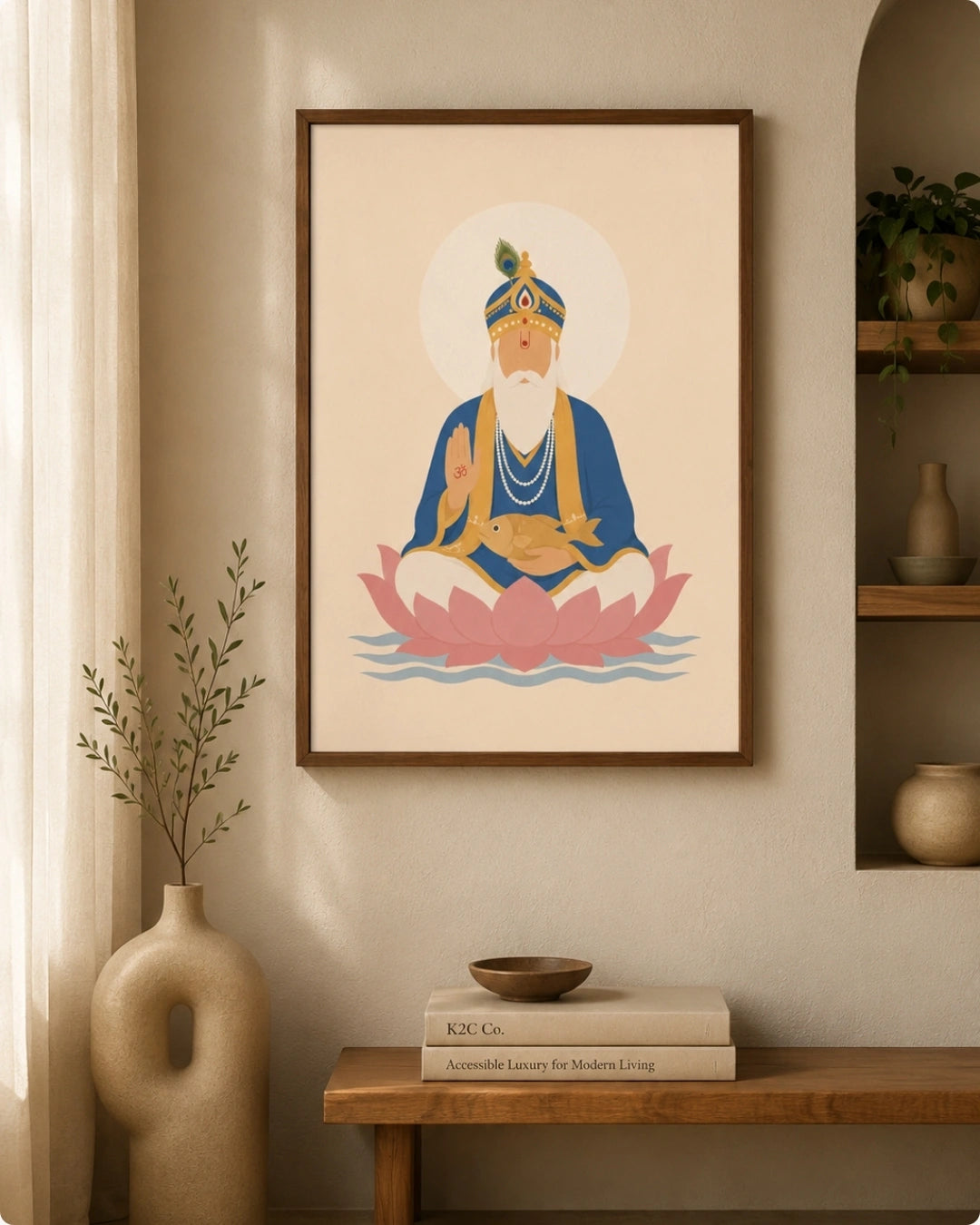 Lifestyle mockup of the Lord Jhulelal wall art in a rich walnut wood frame styled next to an arched niche and a modern organic ceramic vase.