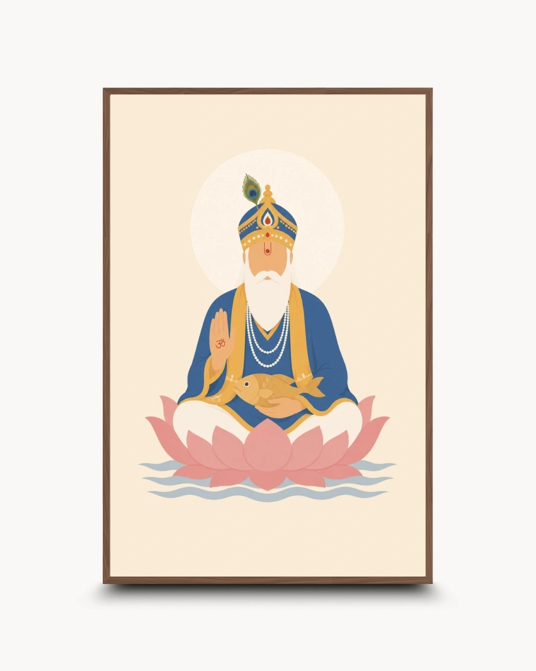 Minimalist illustration of Lord Jhulelal seated peacefully on a lotus presented as a modern wall art piece in a rich walnut wood frame.