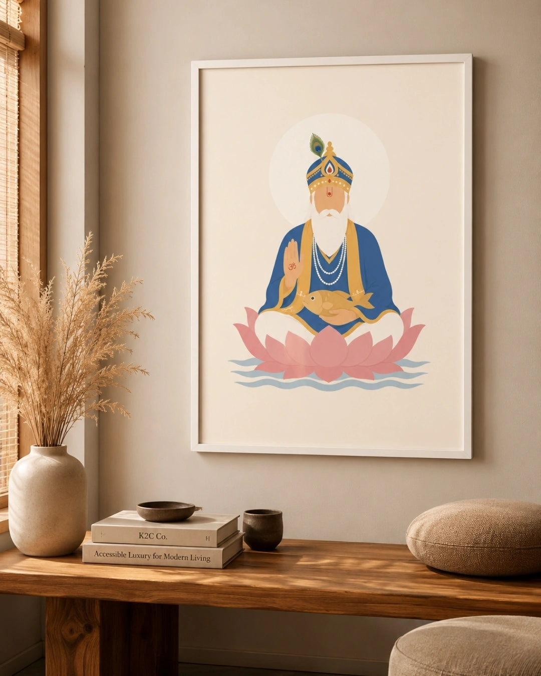 Lifestyle mockup of the minimalist Lord Jhulelal wall art in a clean white frame beautifully aligned over a bright wooden entryway bench with natural decor.