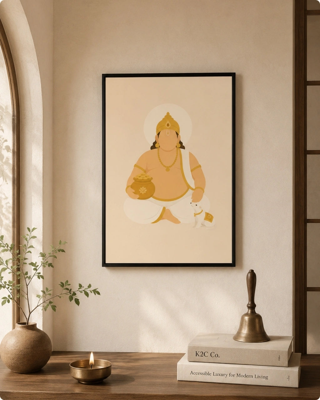 Lifestyle mockup of the Lord Kuber wall art in a sleek black frame styled on a dark wooden console with a traditional brass bell and diya.