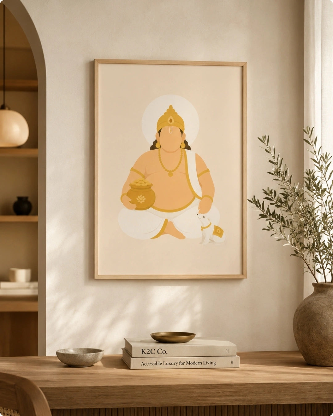 Lifestyle mockup of the Lord Kuber wall art in a light maple wood frame displayed above a rustic wooden table in a sunlit arched hallway.