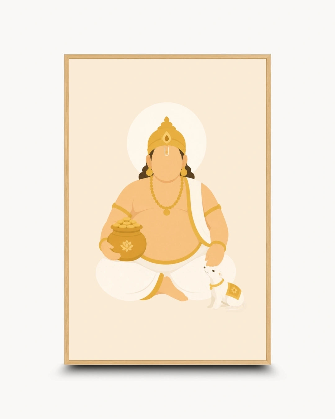 Minimalist illustration of Lord Kuber holding the pot of wealth presented as a modern wall art piece in a light maple wood frame.