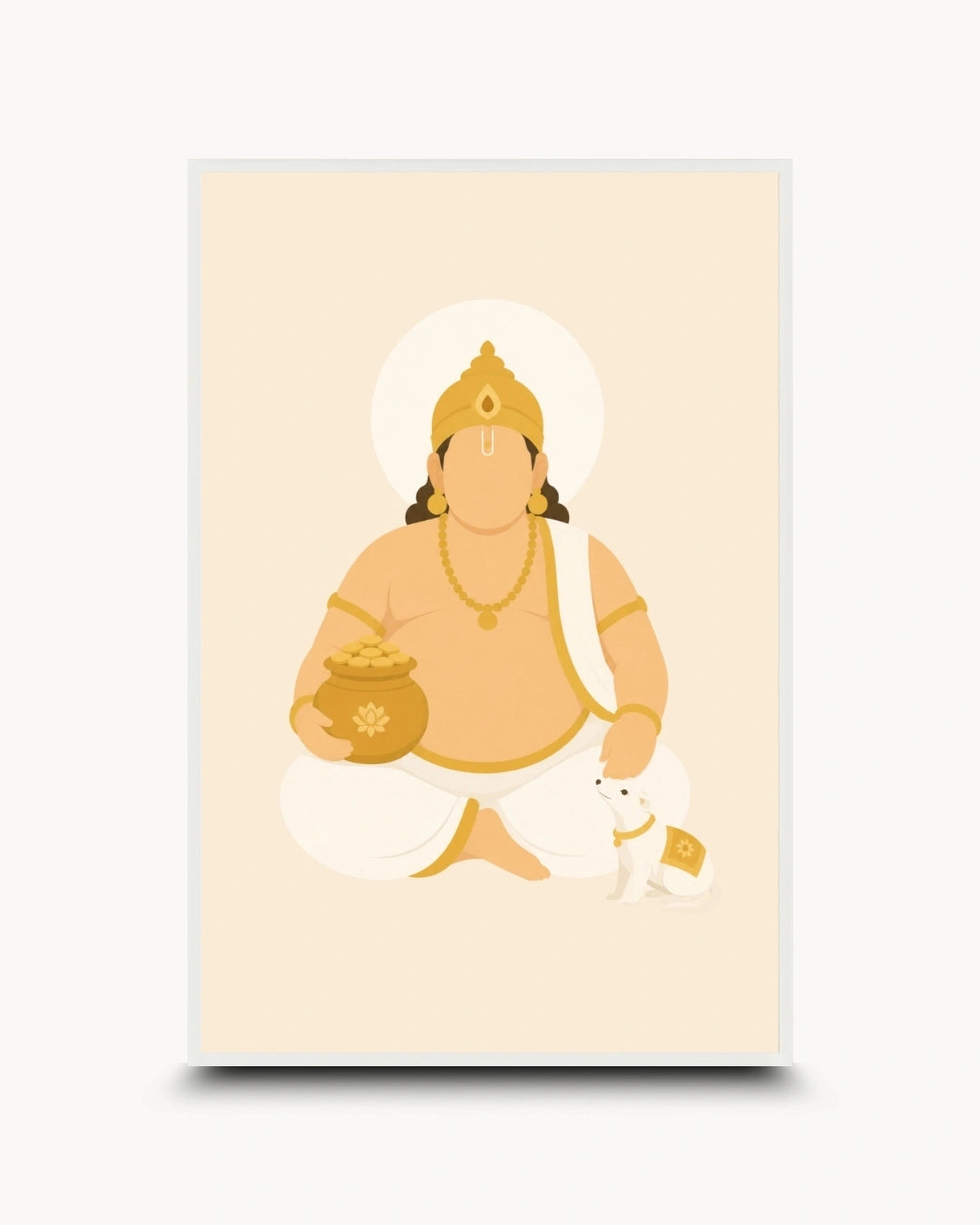 Minimalist illustration of Lord Kuber holding the pot of wealth presented as a modern wall art piece in a clean moon white frame.