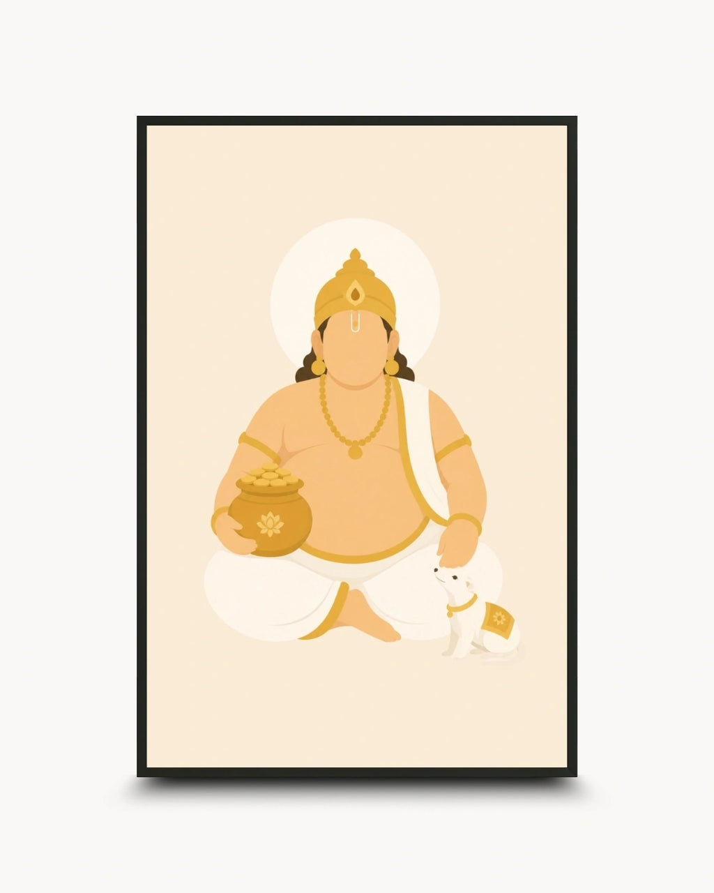 Minimalist illustration of Lord Kuber holding the pot of wealth presented as a modern wall art piece in a sleek noir black frame.
