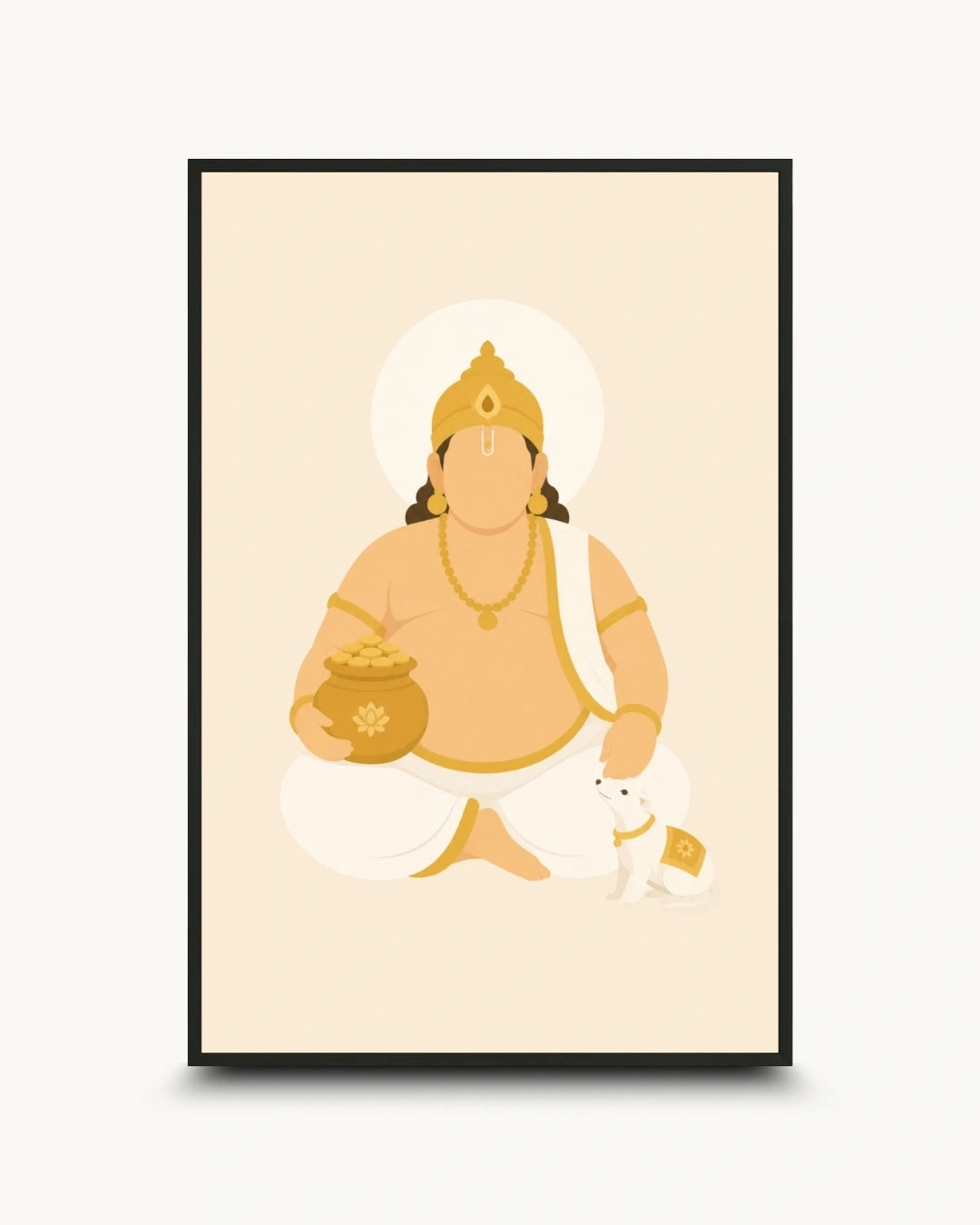 Minimalist illustration of Lord Kuber holding the pot of wealth presented as a modern wall art piece in a sleek noir black frame.