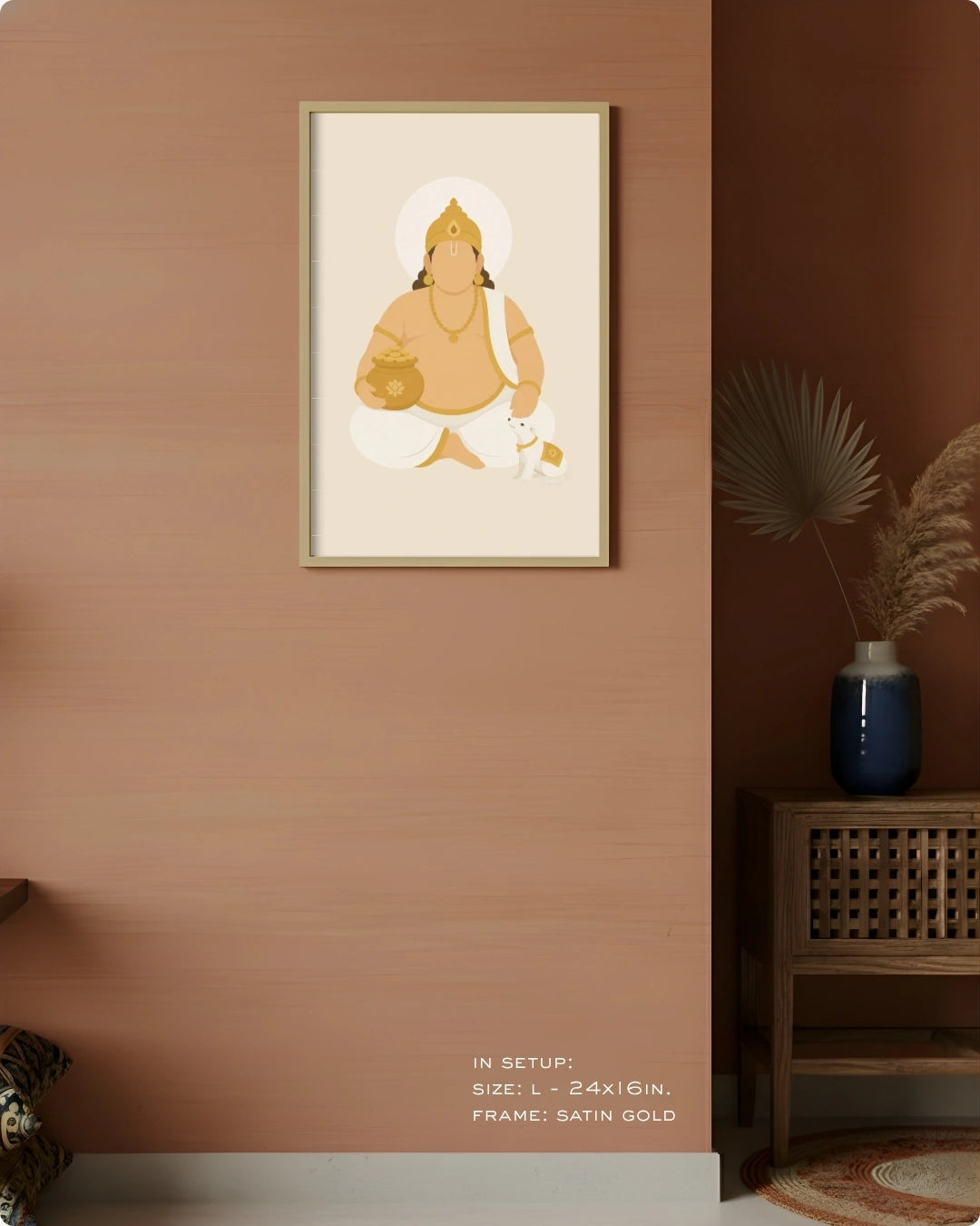 Visual size guide mockup for the Lord Kuber wall art in Extra Large size with a satin gold frame displayed against a warm terracotta accent wall.