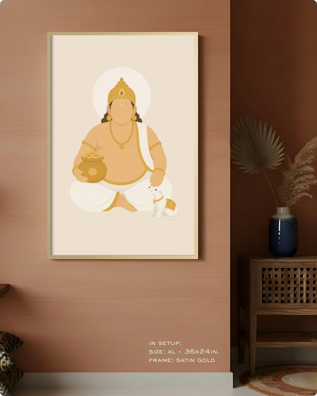 Lifestyle mockup of the Lord Kuber wall art in a rich walnut wood frame styled over a light stone ledge with stacked books and a brass bowl.