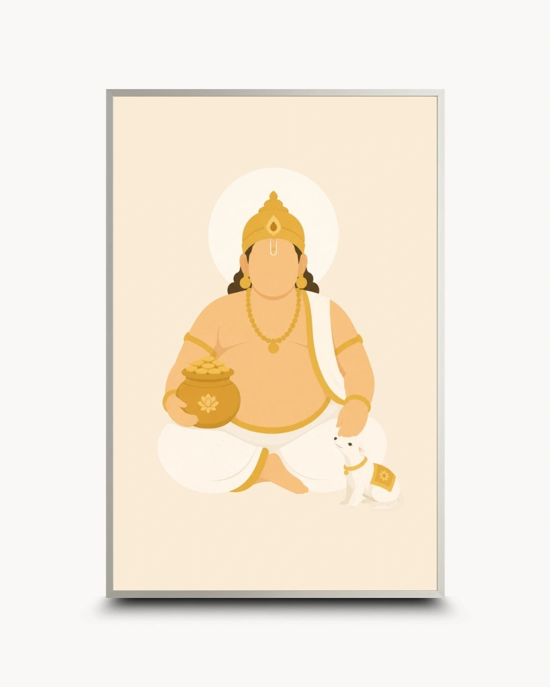Minimalist illustration of Lord Kuber holding the pot of wealth presented as a modern wall art piece in a modern satin silver frame.