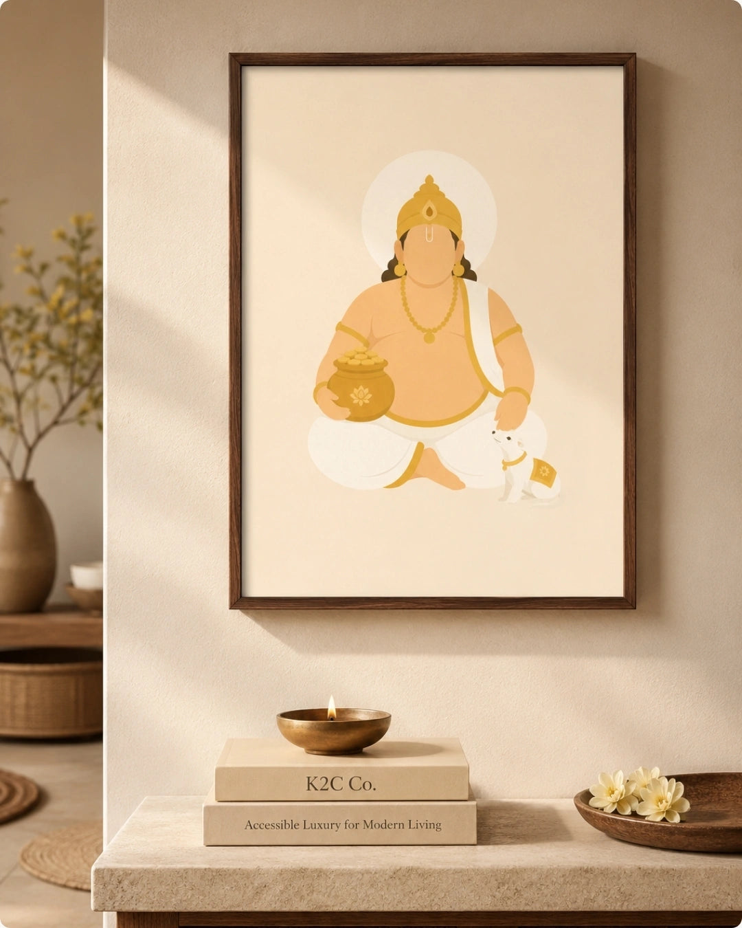 Lifestyle mockup of the Lord Kuber wall art in a light maple wood frame displayed above a rustic wooden table in a sunlit arched hallway.
