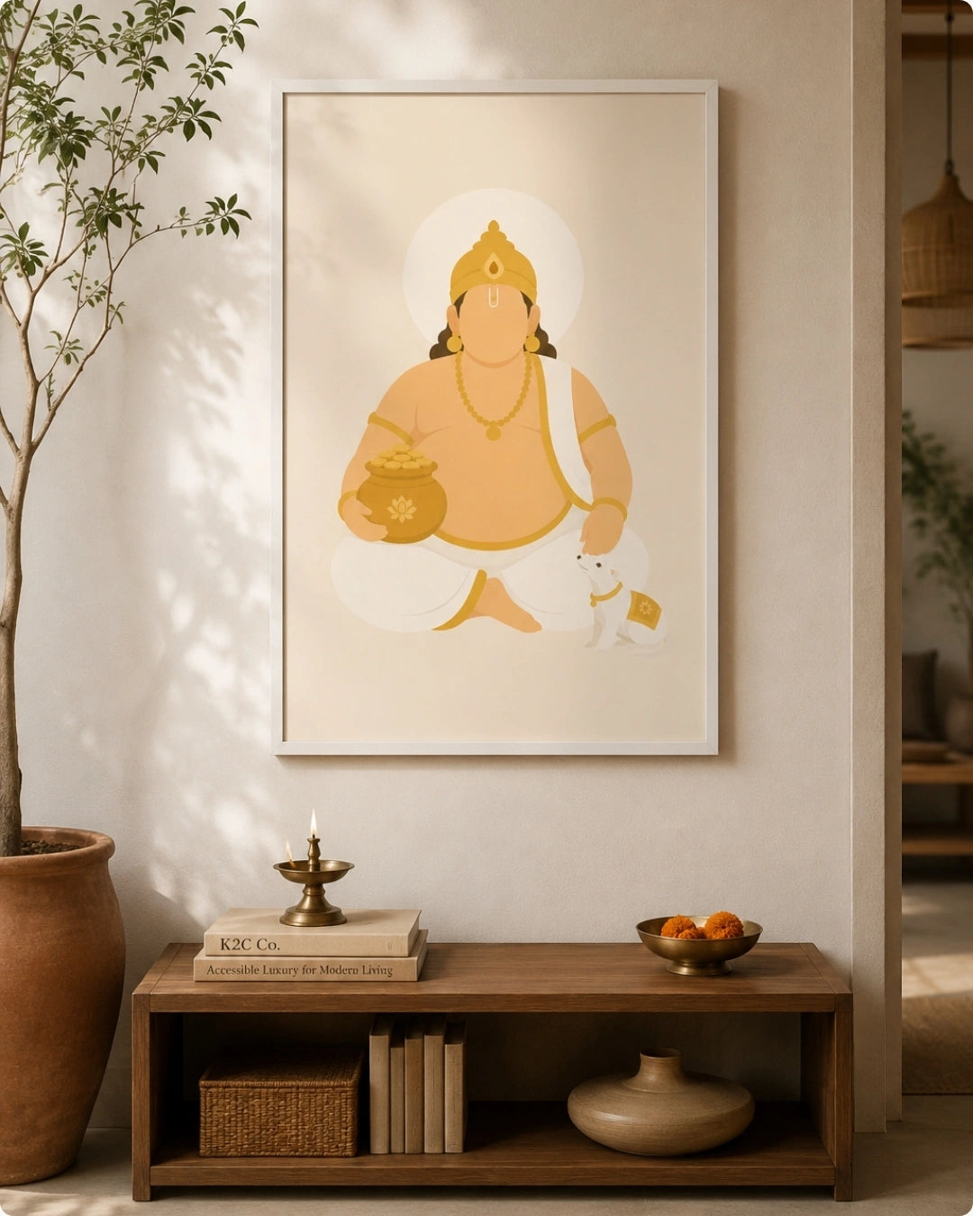Lifestyle interior mockup of the Lord Kuber wall art in a clean white frame hung over a minimalist light wood cabinet next to an earthy vase.
