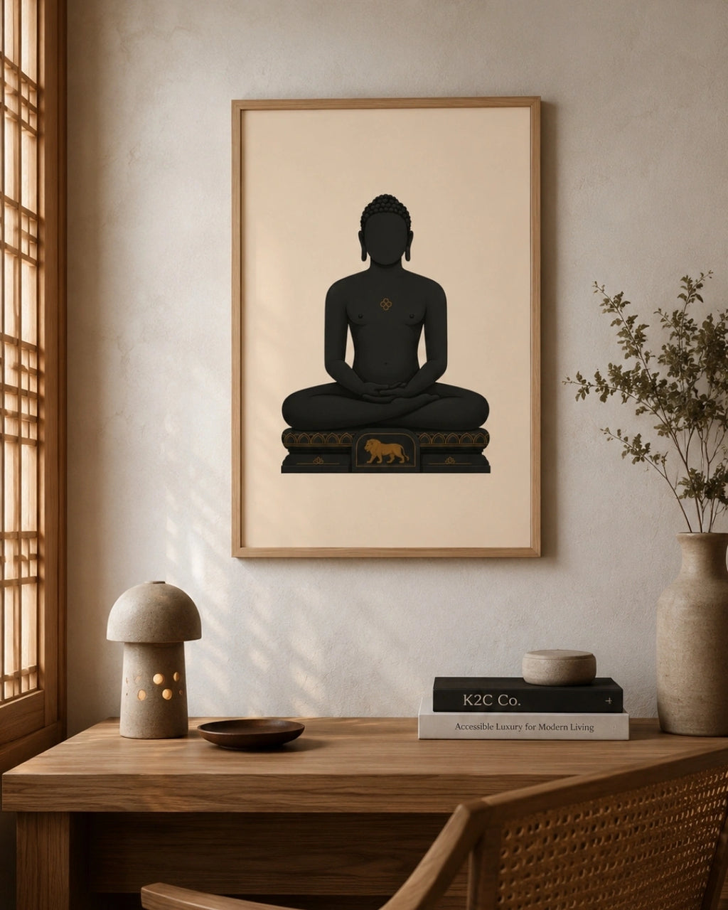 A framed art print featuring a black silhouette of a seated Mahavira figure on a beige background, hanging on a textured wall above a wooden desk with books, a lamp, and a vase.