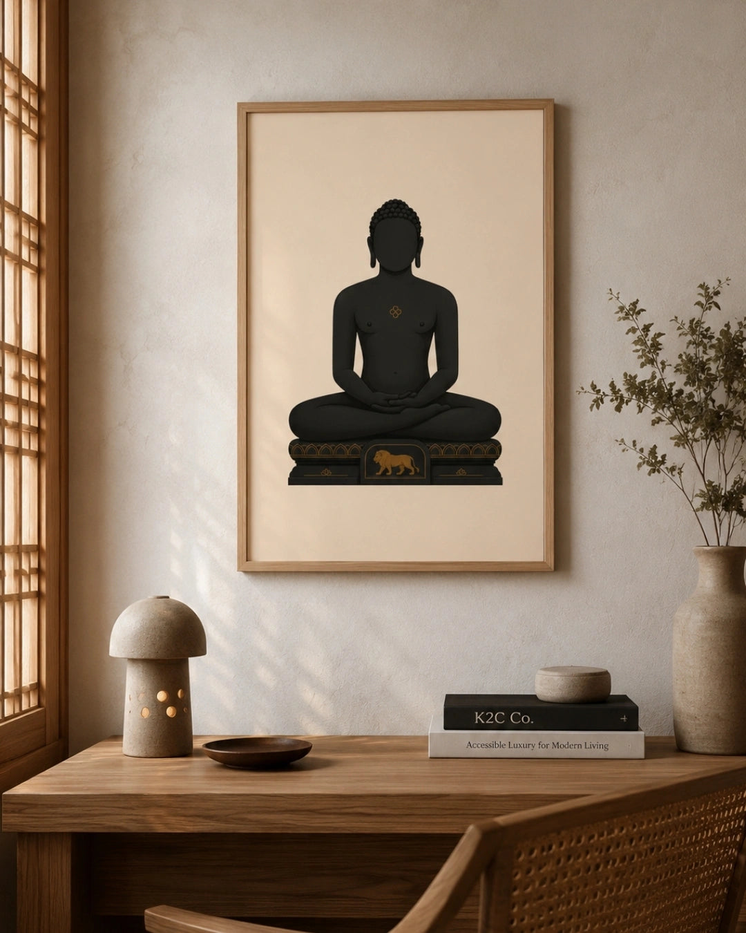 A framed art print featuring a black silhouette of a seated Mahavira figure on a beige background, hanging on a textured wall above a wooden desk with books, a lamp, and a vase.