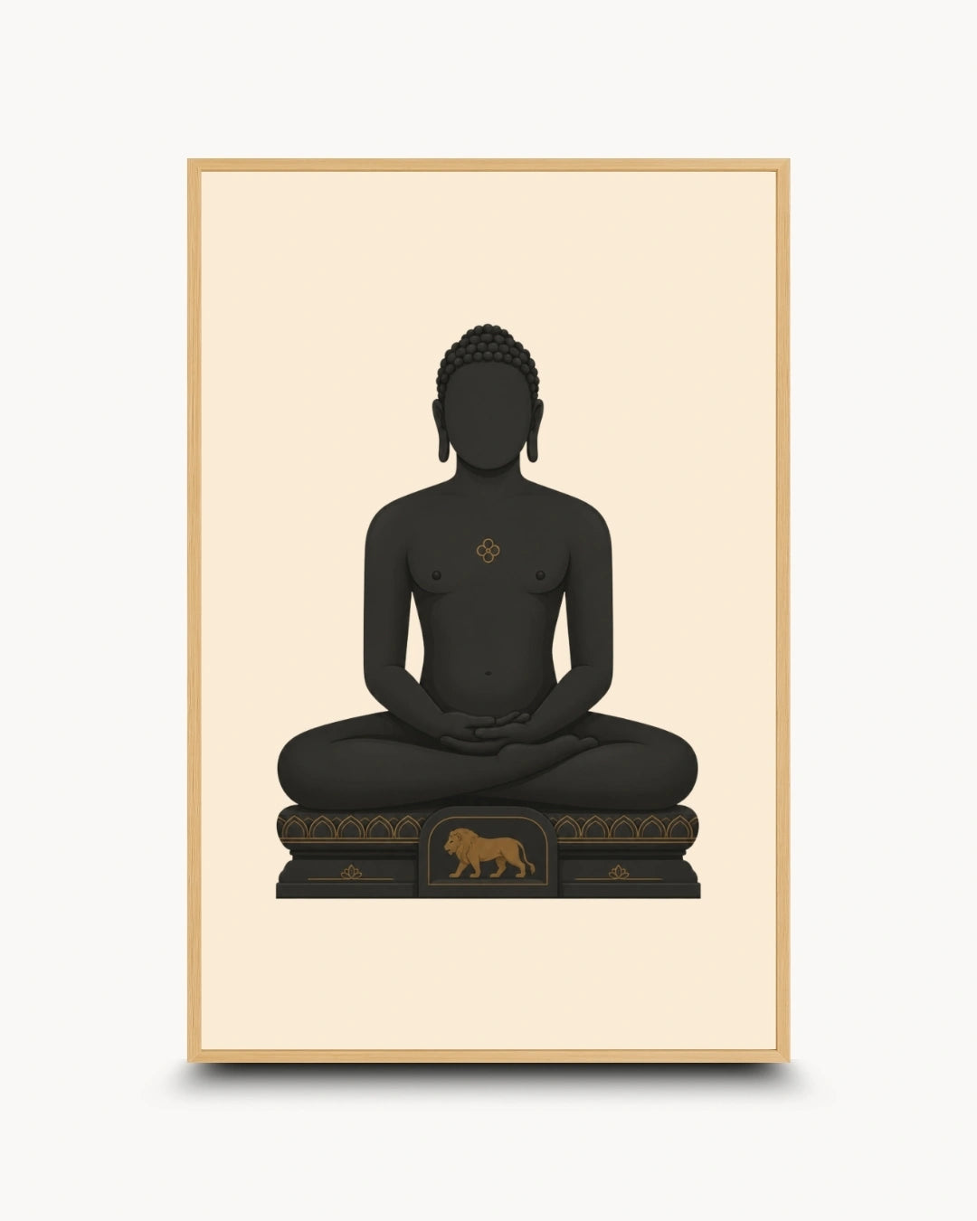 A framed minimalist art print featuring a black seated Mahavira figure on a cream background with a thin gold-toned frame.