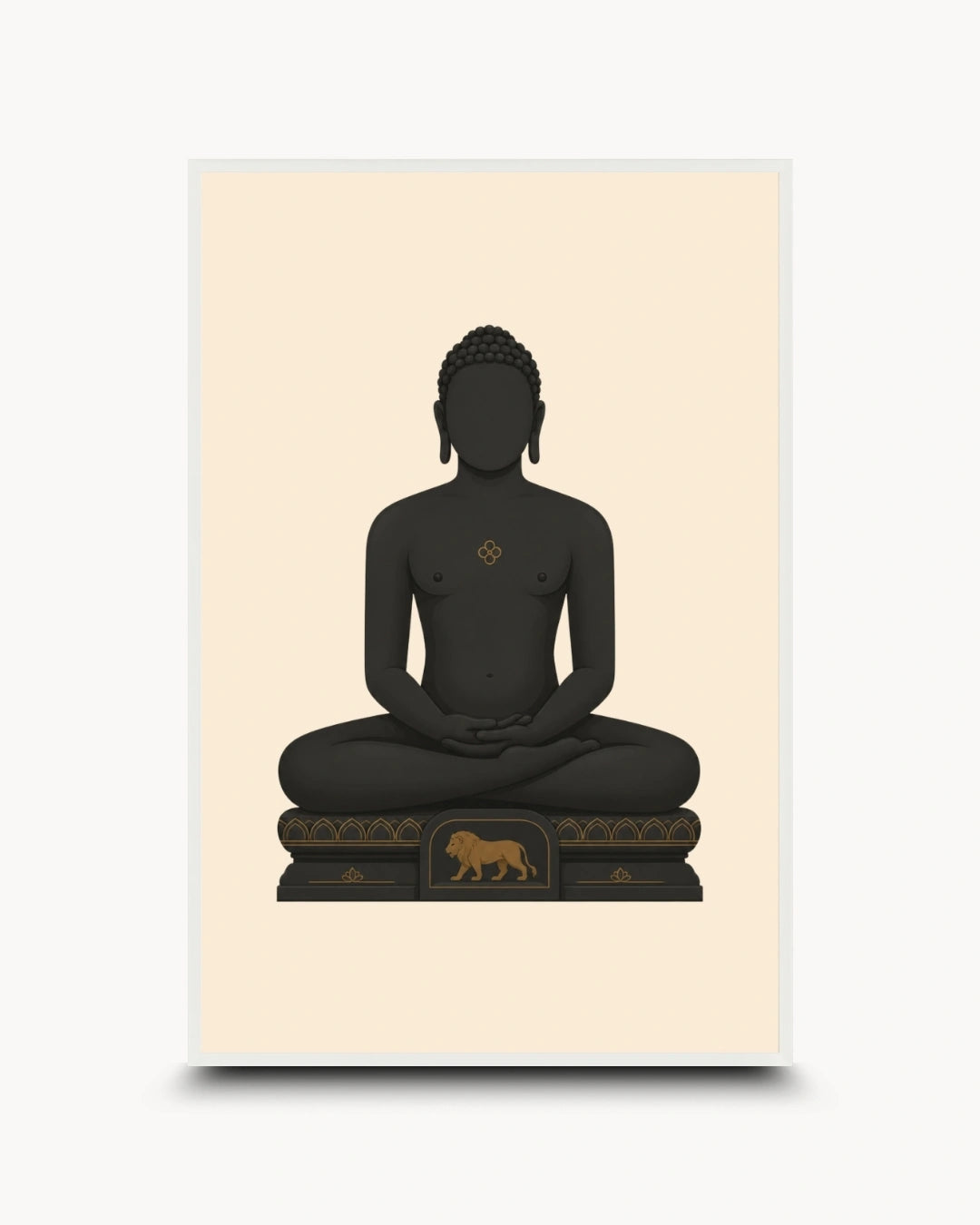 A minimalist art print featuring a seated Mahavira in dark charcoal gray on a warm cream background, with a small gold lion emblem on the pedestal. The print is shown centered against a light gray background with a soft drop shadow.