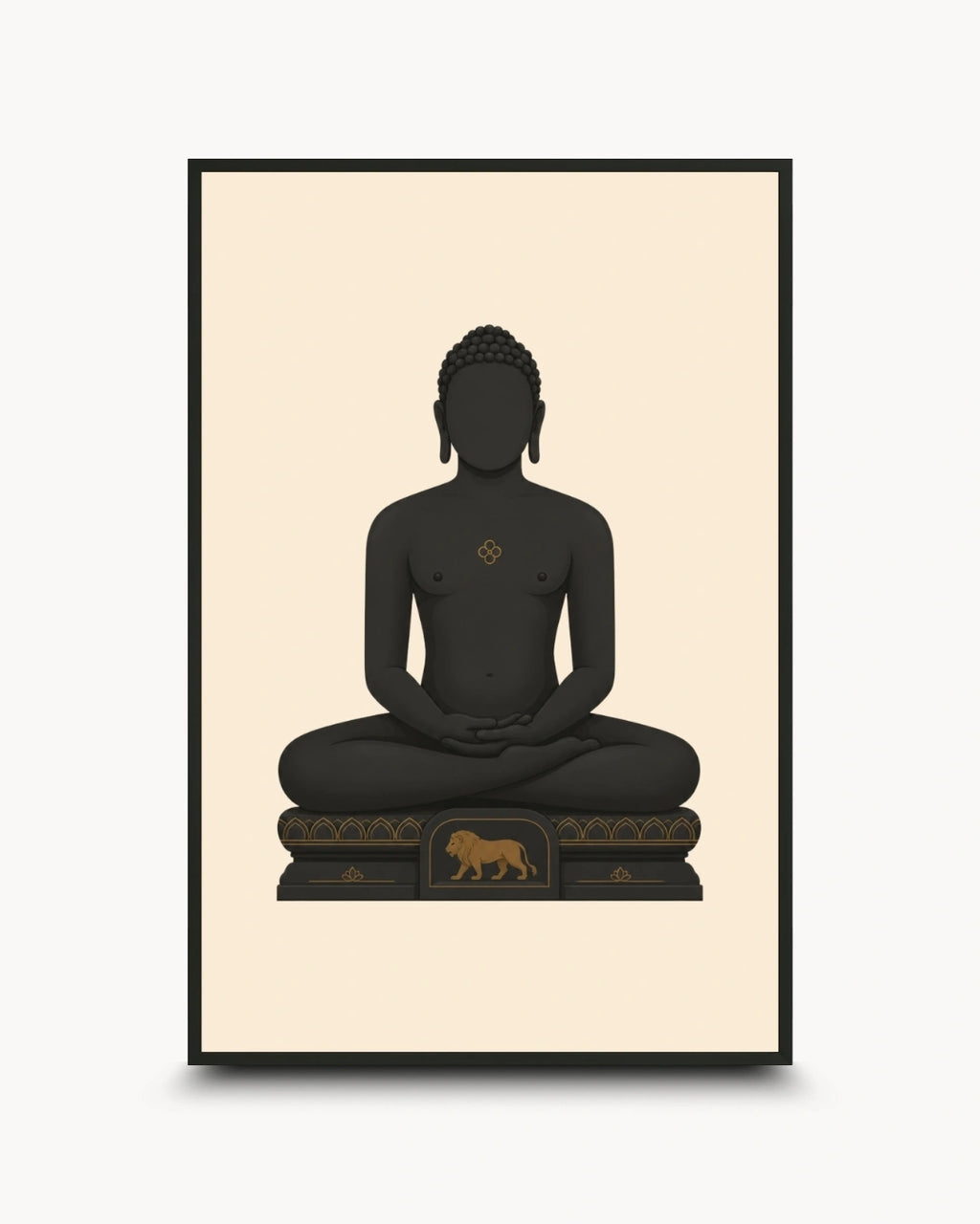 Minimalist illustration of Lord Mahavira in deep meditation presented as a modern wall art piece in a sleek noir black frame.
