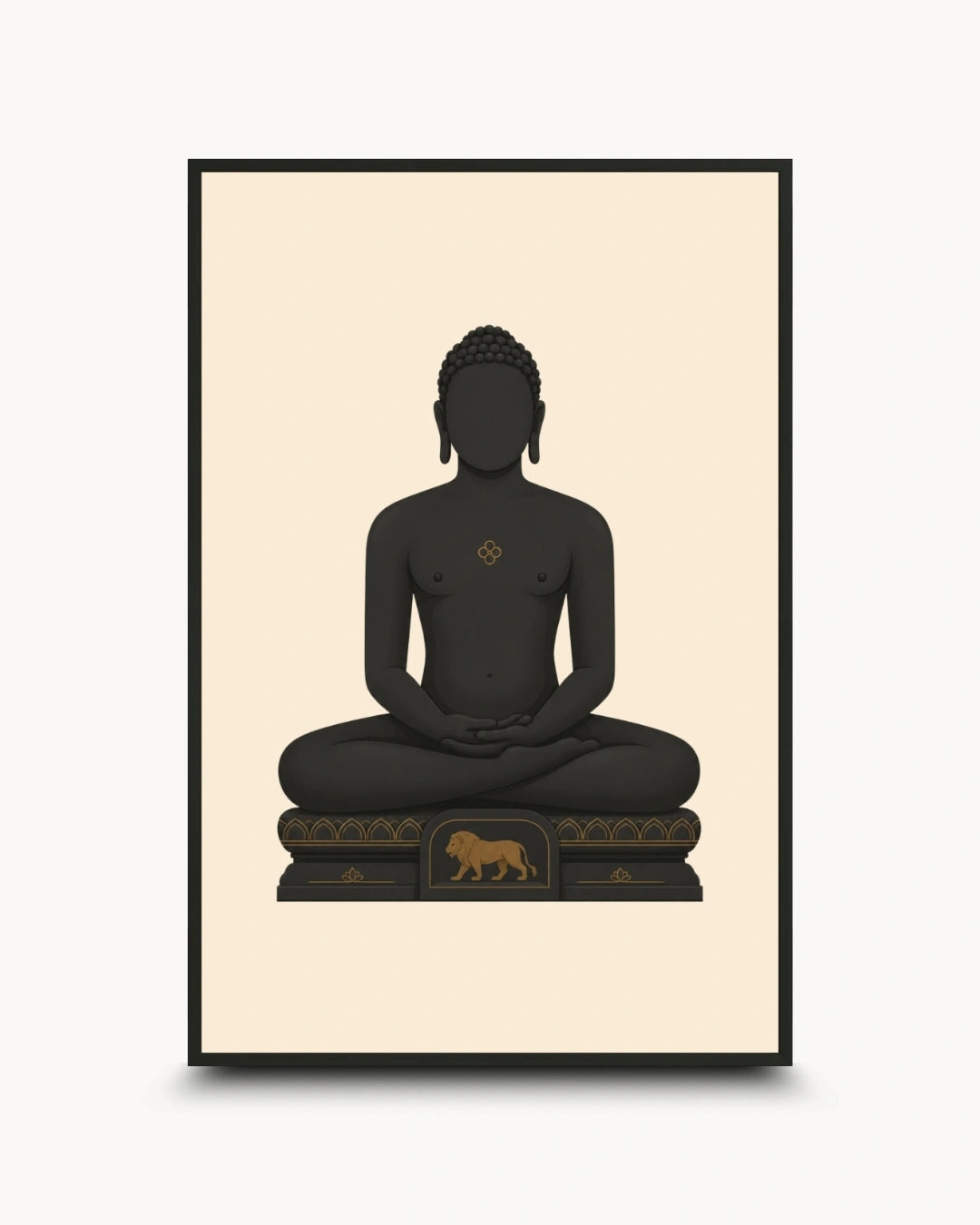 Minimalist illustration of Lord Mahavira in deep meditation presented as a modern wall art piece in a sleek noir black frame.