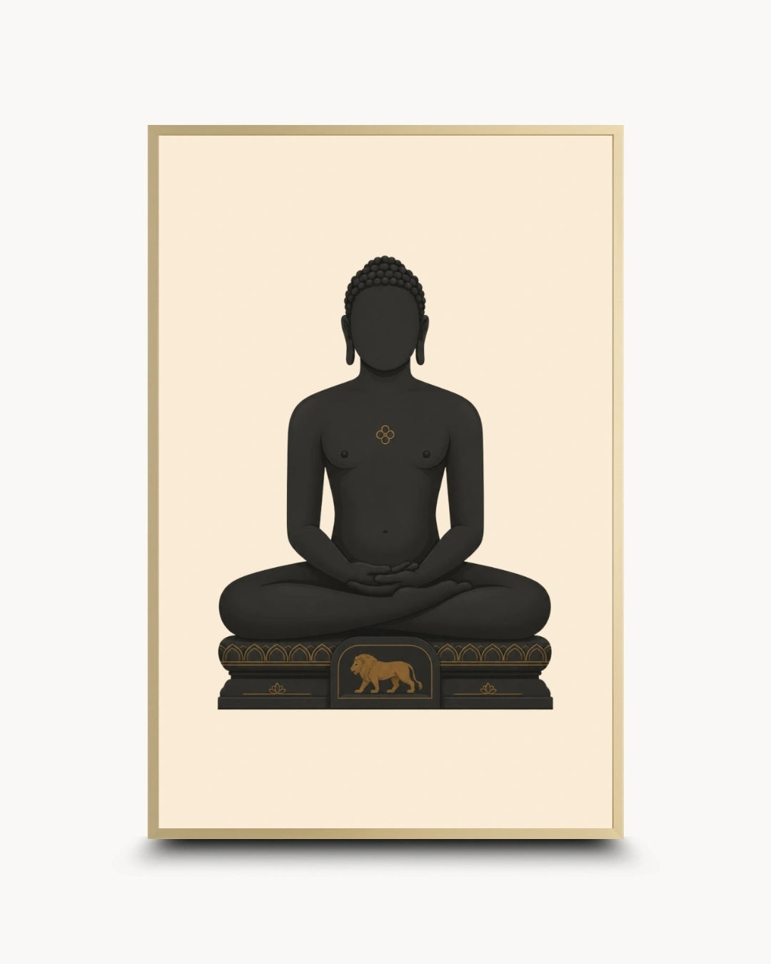 A framed art print featuring a minimalist black silhouette of a seated Mahavira figure on a cream background, with a thin gold frame.