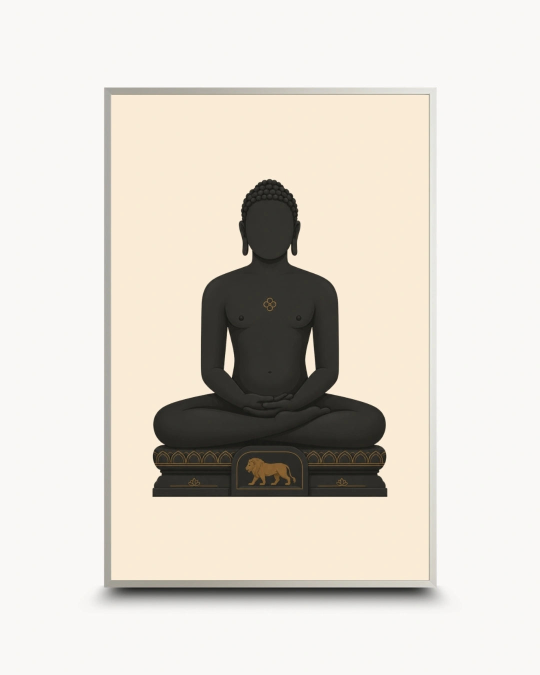 A framed art print featuring a minimalist black silhouette of a seated Mahavira figure on a cream background, with a small gold lion detail on the pedestal.