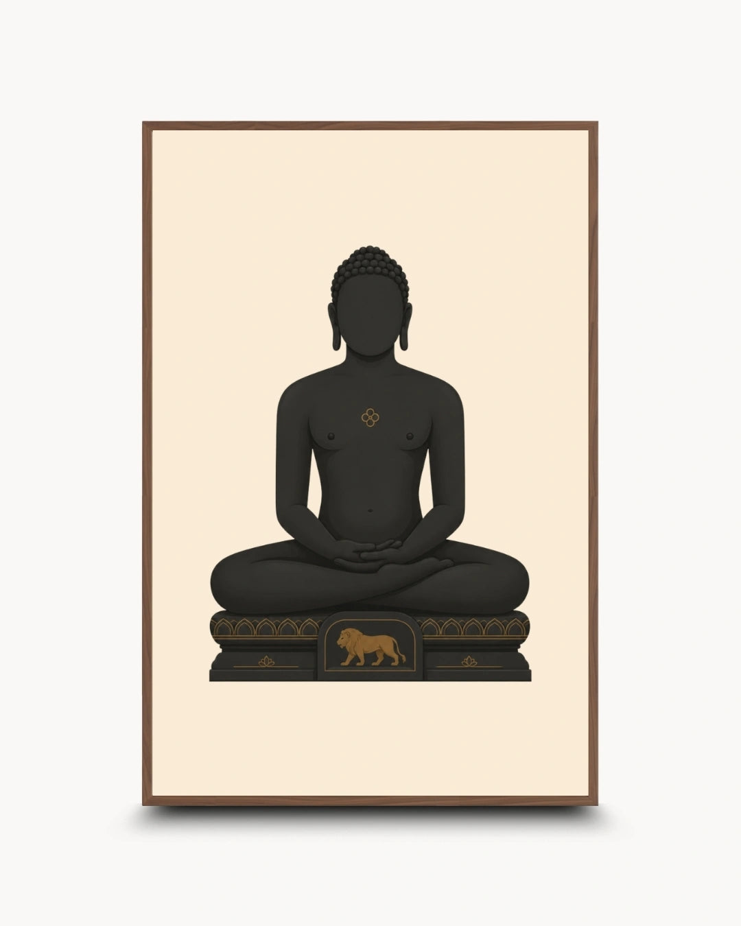 A framed art print featuring a minimalist black silhouette of a seated Mahavira figure on a cream background, with a thin brown frame and a small gold lion detail at the base.