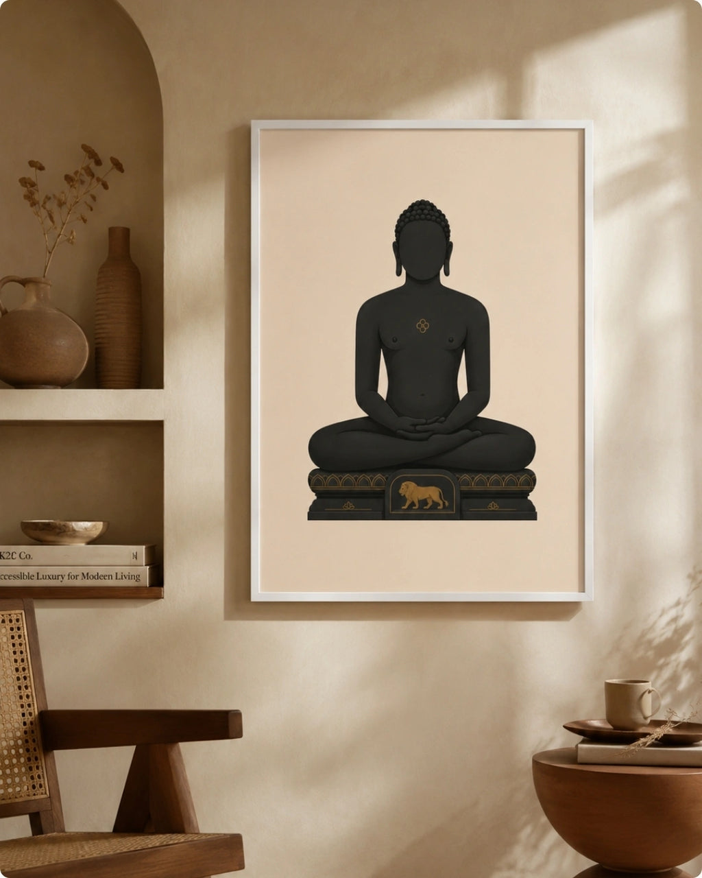 A framed wall art print featuring a seated Mahavira figure in dark charcoal/black on a warm beige background, hung on a beige wall in a styled interior with shelves, a chair, and a bowl.