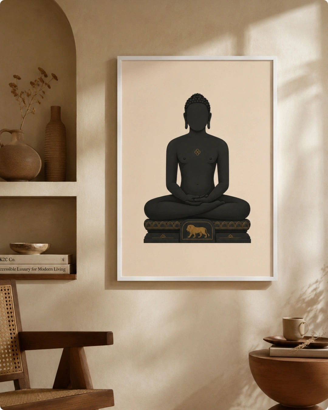 A framed wall art print featuring a seated Mahavira figure in dark charcoal/black on a warm beige background, hung on a beige wall in a styled interior with shelves, a chair, and a bowl.