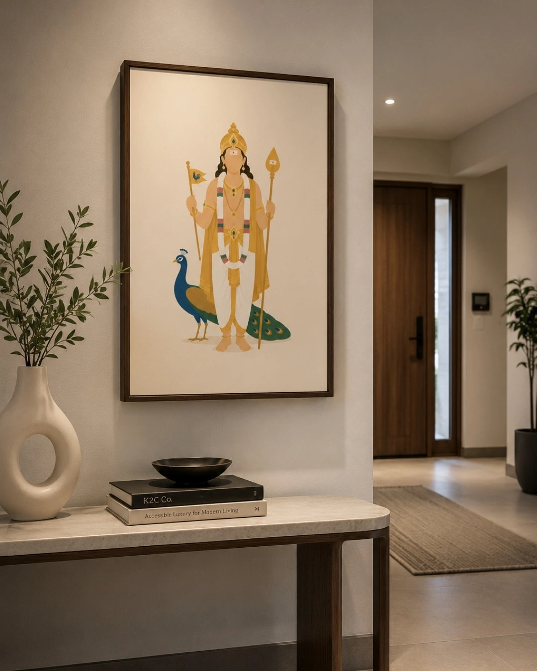 Lifestyle mockup of the minimalist Hindu deity Lord Murugan wall art in a sleek dark frame, perfectly centered above a clean minimalist entryway table in a contemporary home.