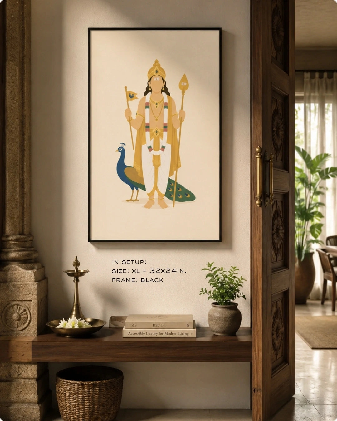 Lifestyle interior mockup of the Hindu deity Lord Murugan wall art in a sleek black frame, hung next to an ornate wooden doorway above a classic dark wood console.