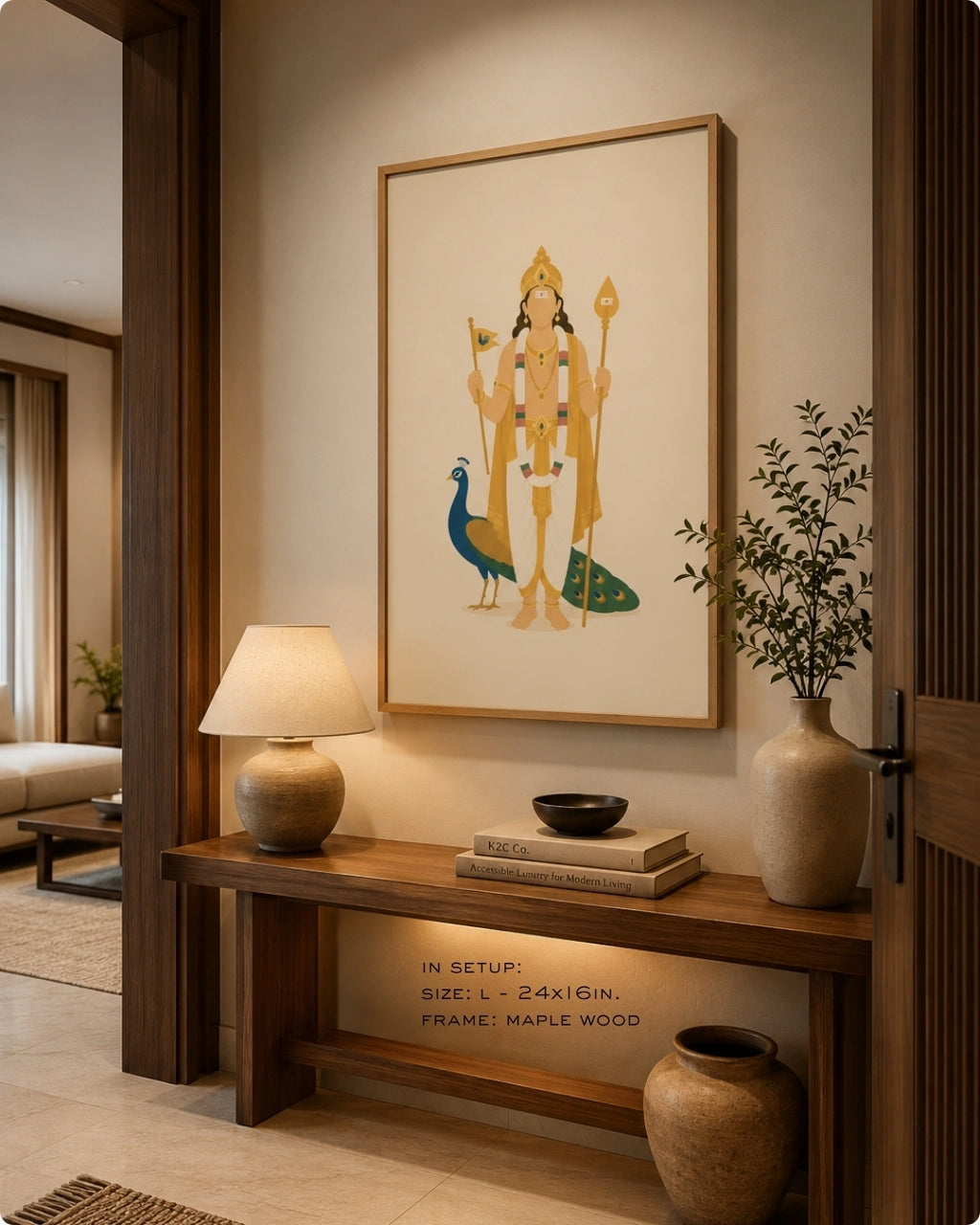 Lifestyle mockup of the minimalist Hindu deity Lord Murugan wall art in a maple wood frame, displayed over a wooden console table with warm ambient lighting.
