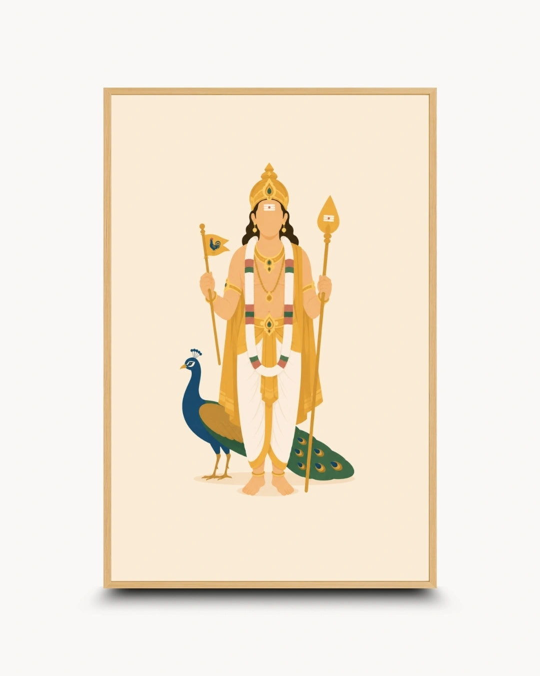 Minimalist illustration of the Hindu deity Lord Murugan with his peacock, presented as a modern wall art piece in a light maple wood frame.