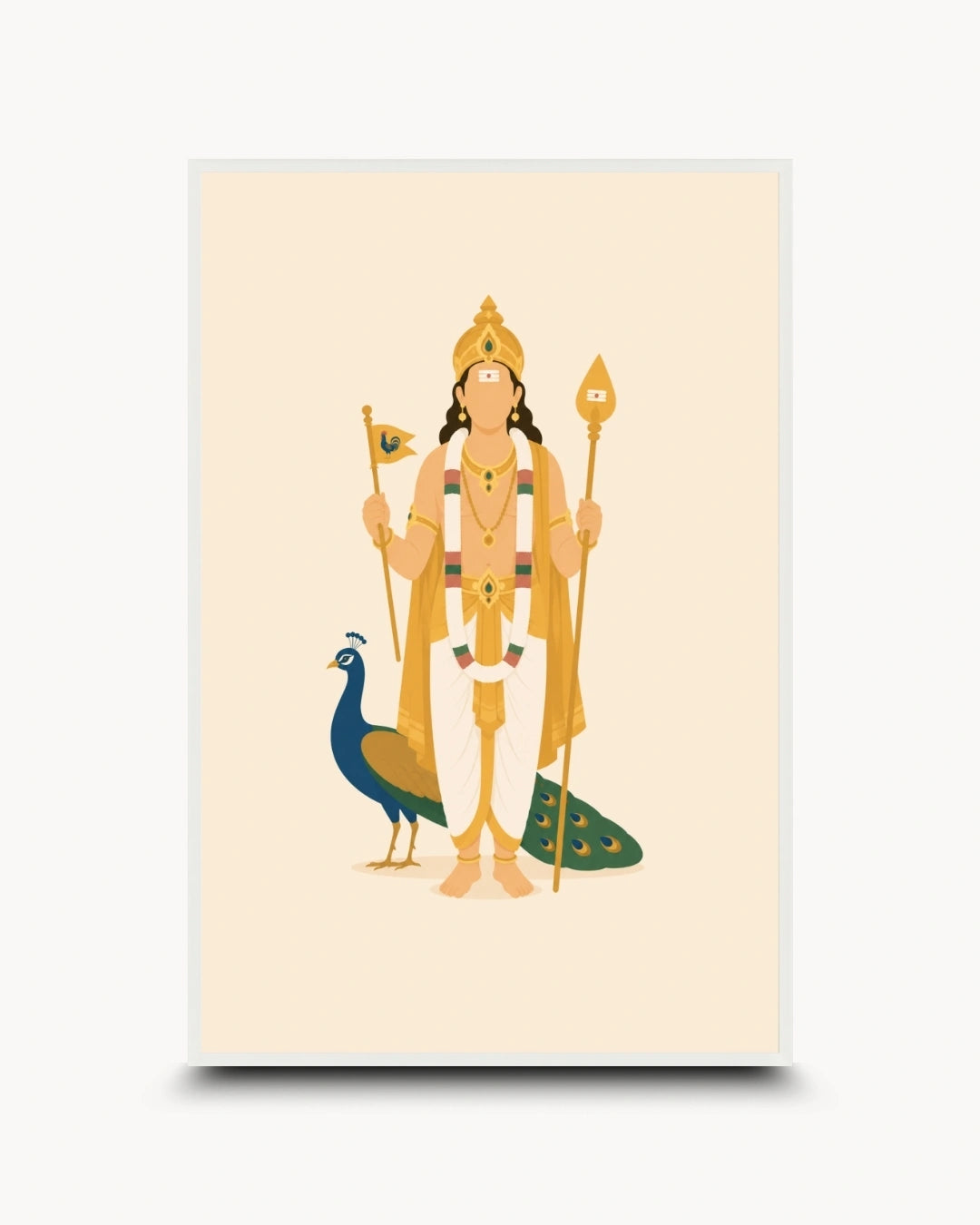 Minimalist illustration of the Hindu deity Lord Murugan with his peacock, presented as a modern wall art piece in a clean moon white frame.