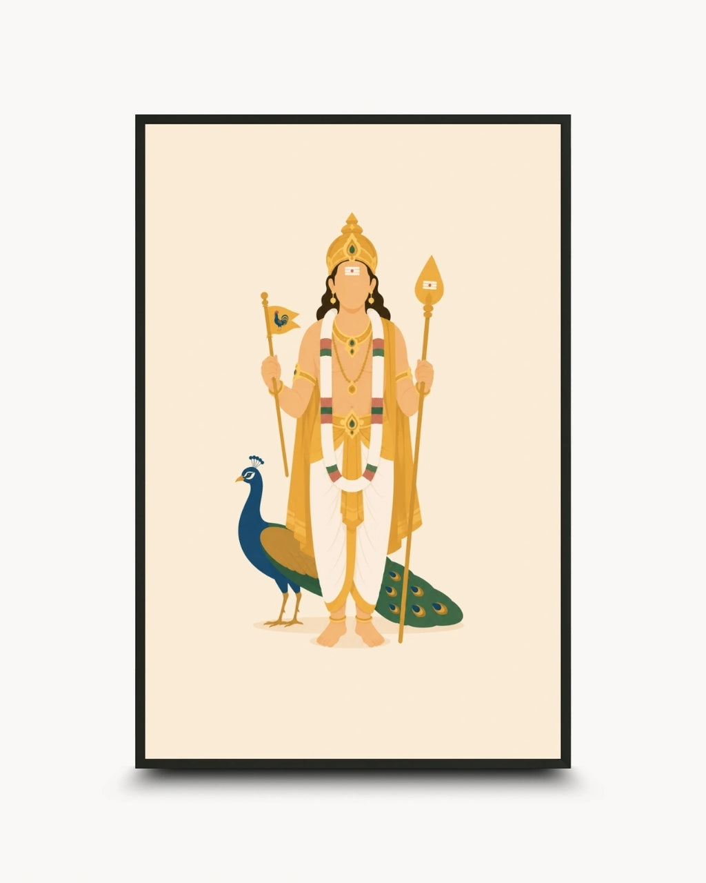 Minimalist illustration of the Hindu deity Lord Murugan with his peacock, presented as a modern wall art piece in a sleek noir black frame.