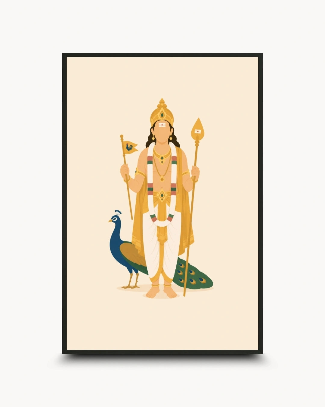 Minimalist illustration of the Hindu deity Lord Murugan with his peacock, presented as a modern wall art piece in a sleek noir black frame.