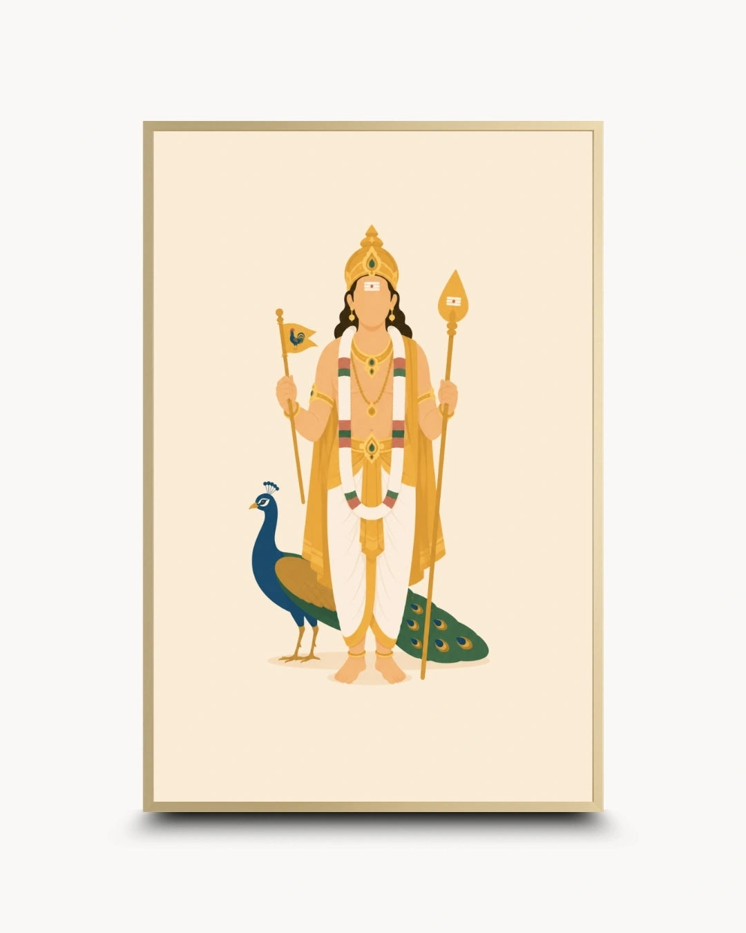 Minimalist illustration of the Hindu deity Lord Murugan with his peacock, presented as a modern wall art piece in an elegant satin gold frame.