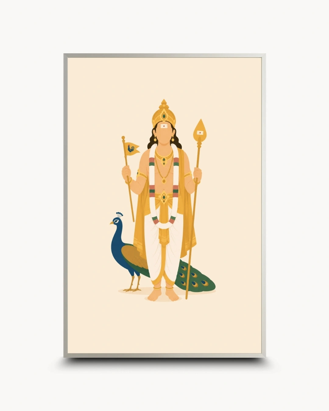 Minimalist illustration of the Hindu deity Lord Murugan with his peacock, presented as a modern wall art piece in a modern satin silver frame.