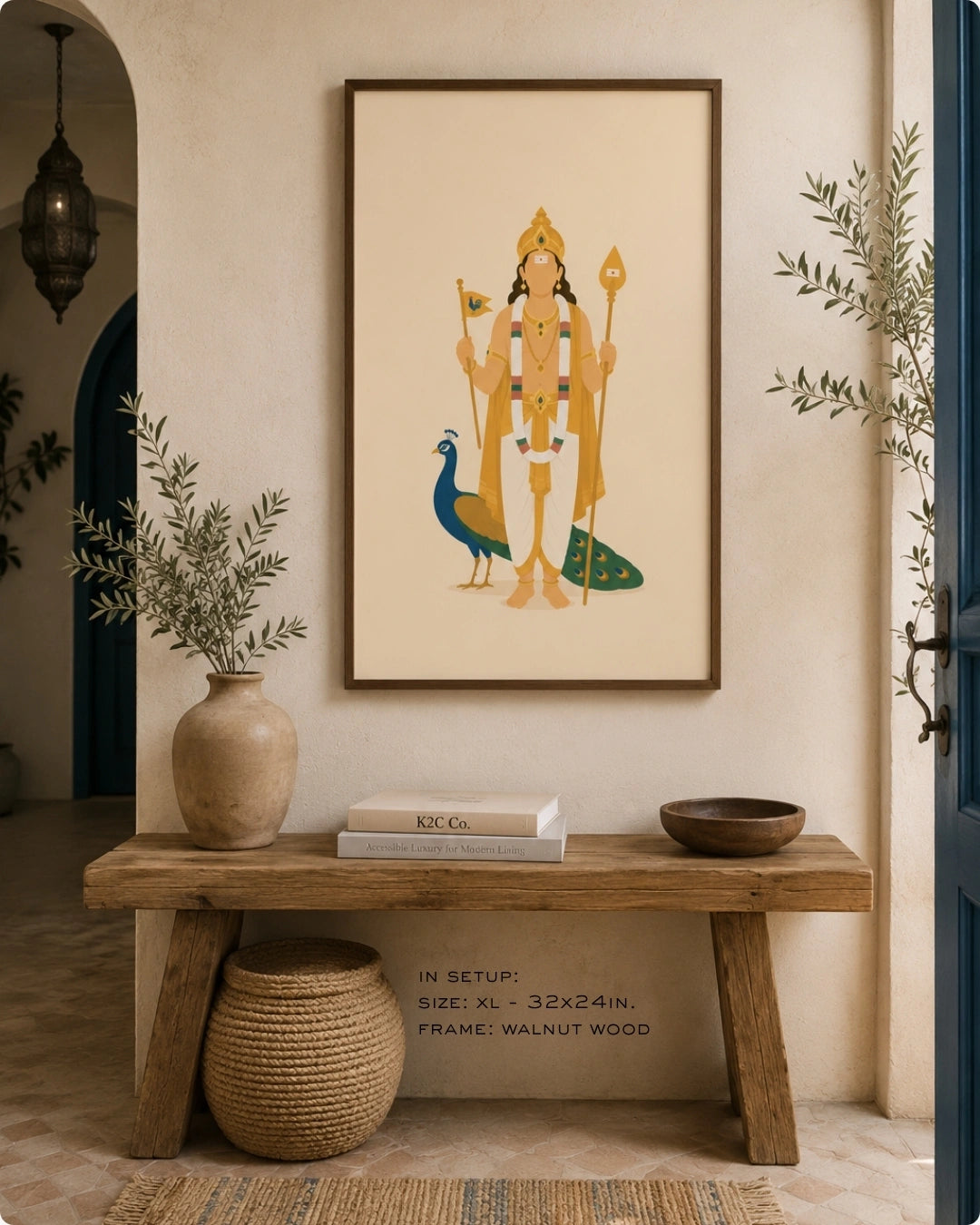 Lifestyle mockup of the minimalist Hindu deity Lord Murugan wall art in a rich walnut wood frame, styled above a rustic wooden bench with natural woven baskets.