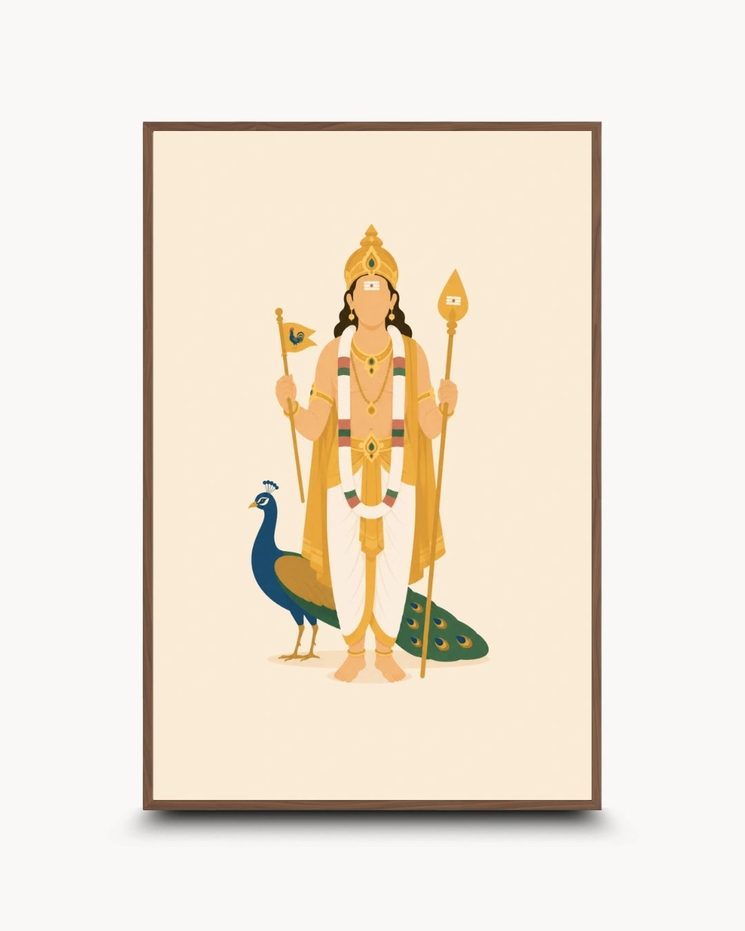 Minimalist illustration of the Hindu deity Lord Murugan with his peacock, presented as a modern wall art piece in a rich walnut wood frame.