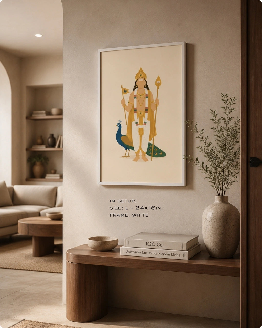 Lifestyle mockup of the minimalist Hindu deity Lord Murugan wall art in a clean white frame, styled above a modern curved wooden bench in a bright living space.