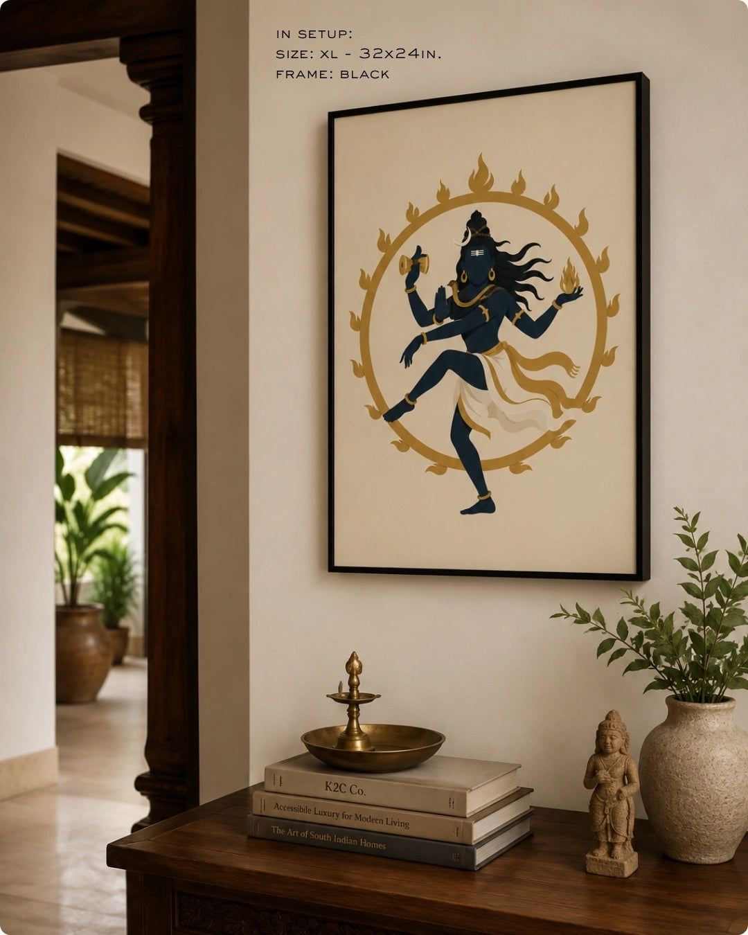 Lifestyle mockup of the minimalist Hindu deity Lord Nataraja wall art in a rich walnut wood frame, perfectly centered above a mid-century modern dark wood cabinet in a contemporary hallway.