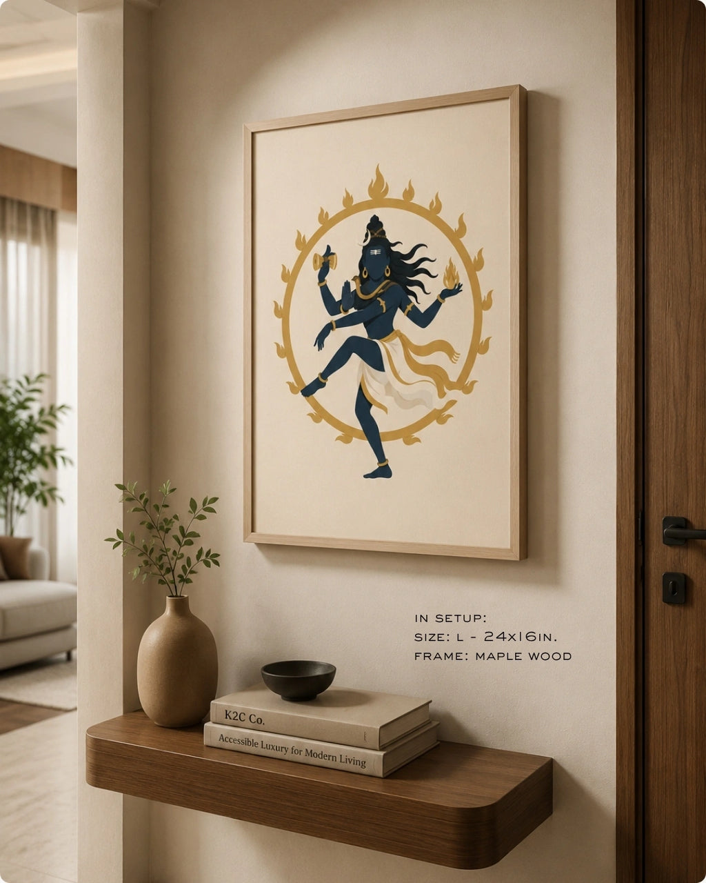 Lifestyle mockup of the minimalist Hindu deity Lord Nataraja wall art in a maple wood frame, styled above a modern floating wooden shelf in a bright entryway.