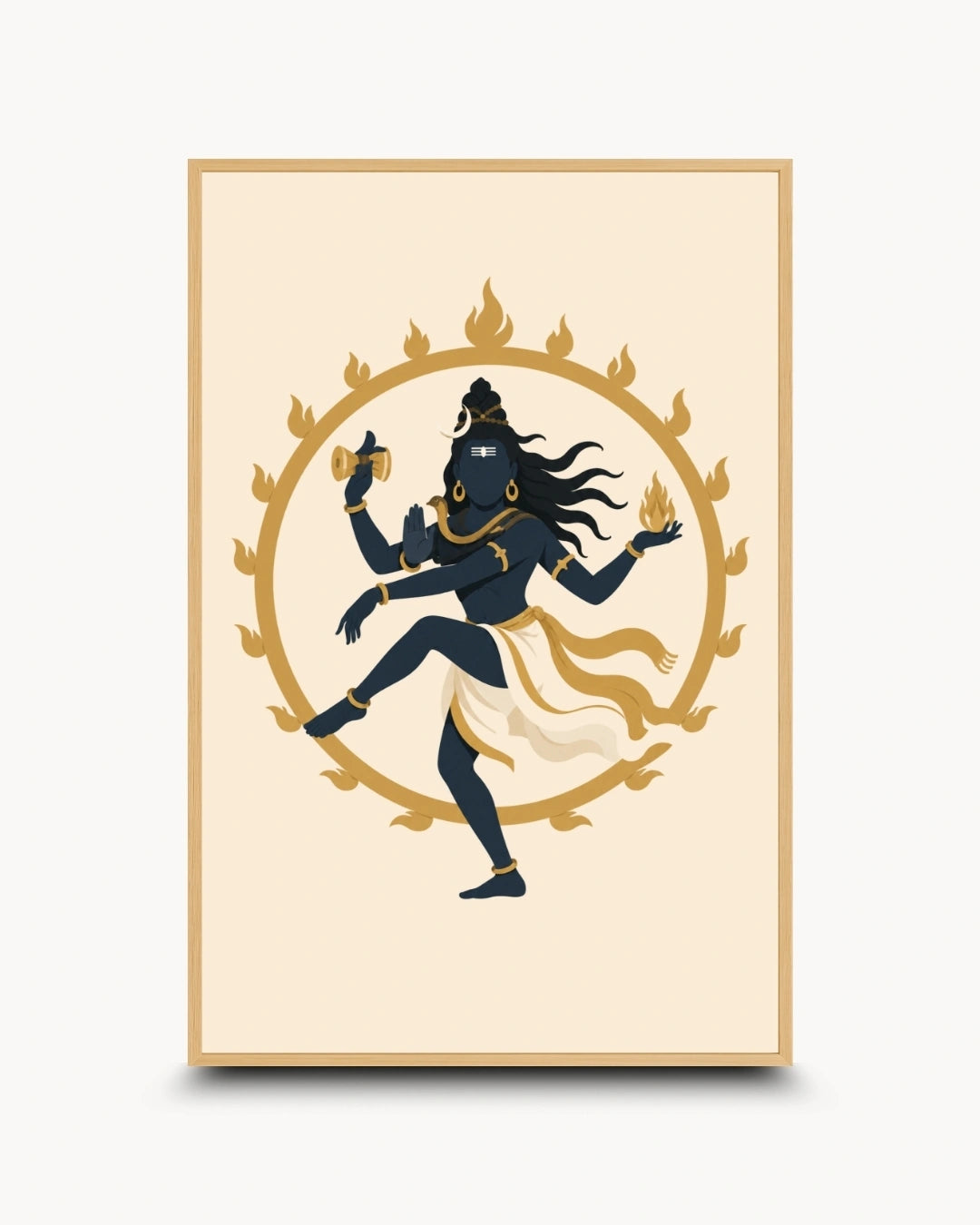 Minimalist illustration of the Hindu deity Lord Nataraja performing the cosmic dance, presented as a modern wall art piece in a light maple wood frame.