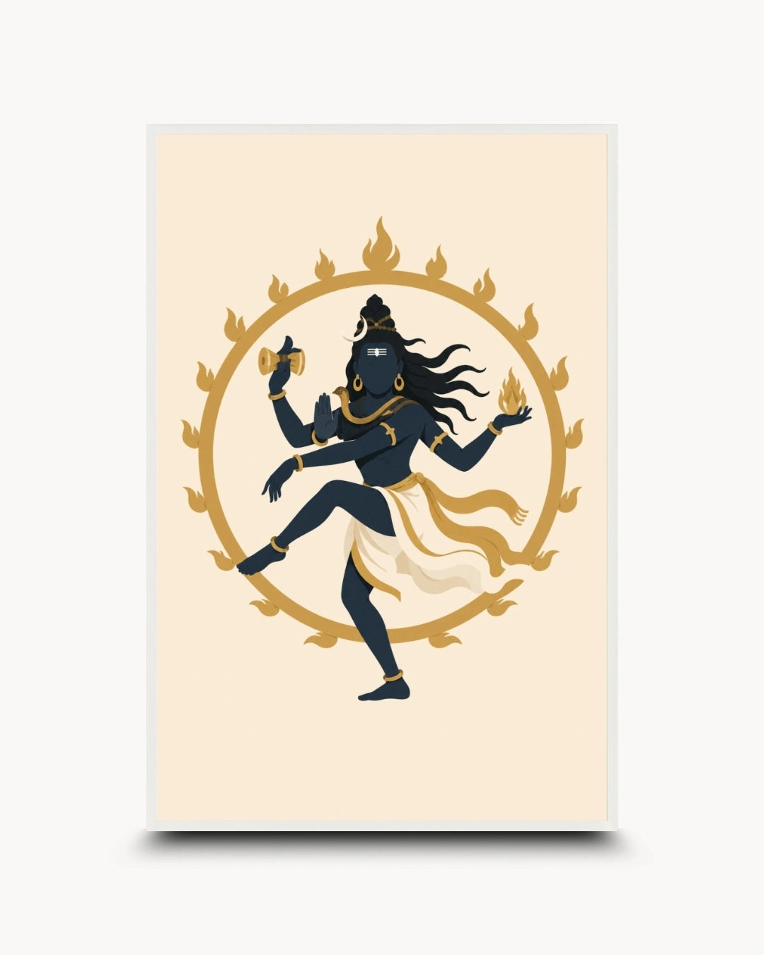 Minimalist illustration of the Hindu deity Lord Nataraja performing the cosmic dance, presented as a modern wall art piece in a clean moon white frame.