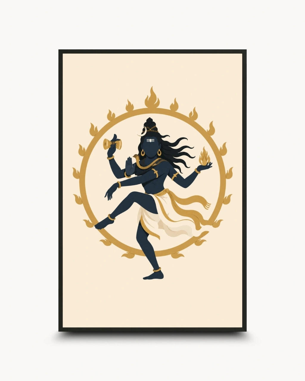Minimalist illustration of the Hindu deity Lord Nataraja performing the cosmic dance, presented as a modern wall art piece in a sleek noir black frame.
