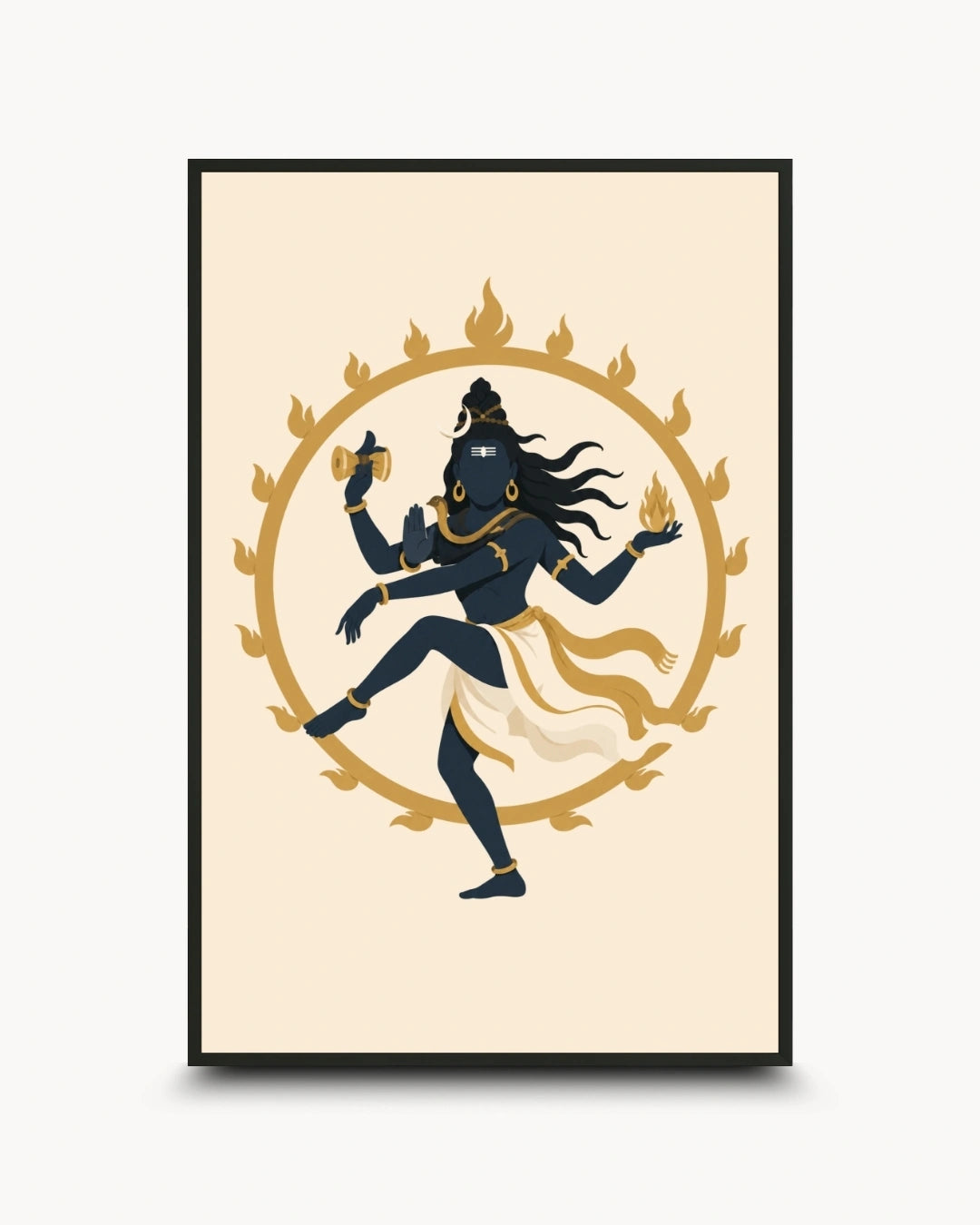 Minimalist illustration of the Hindu deity Lord Nataraja performing the cosmic dance, presented as a modern wall art piece in a sleek noir black frame.