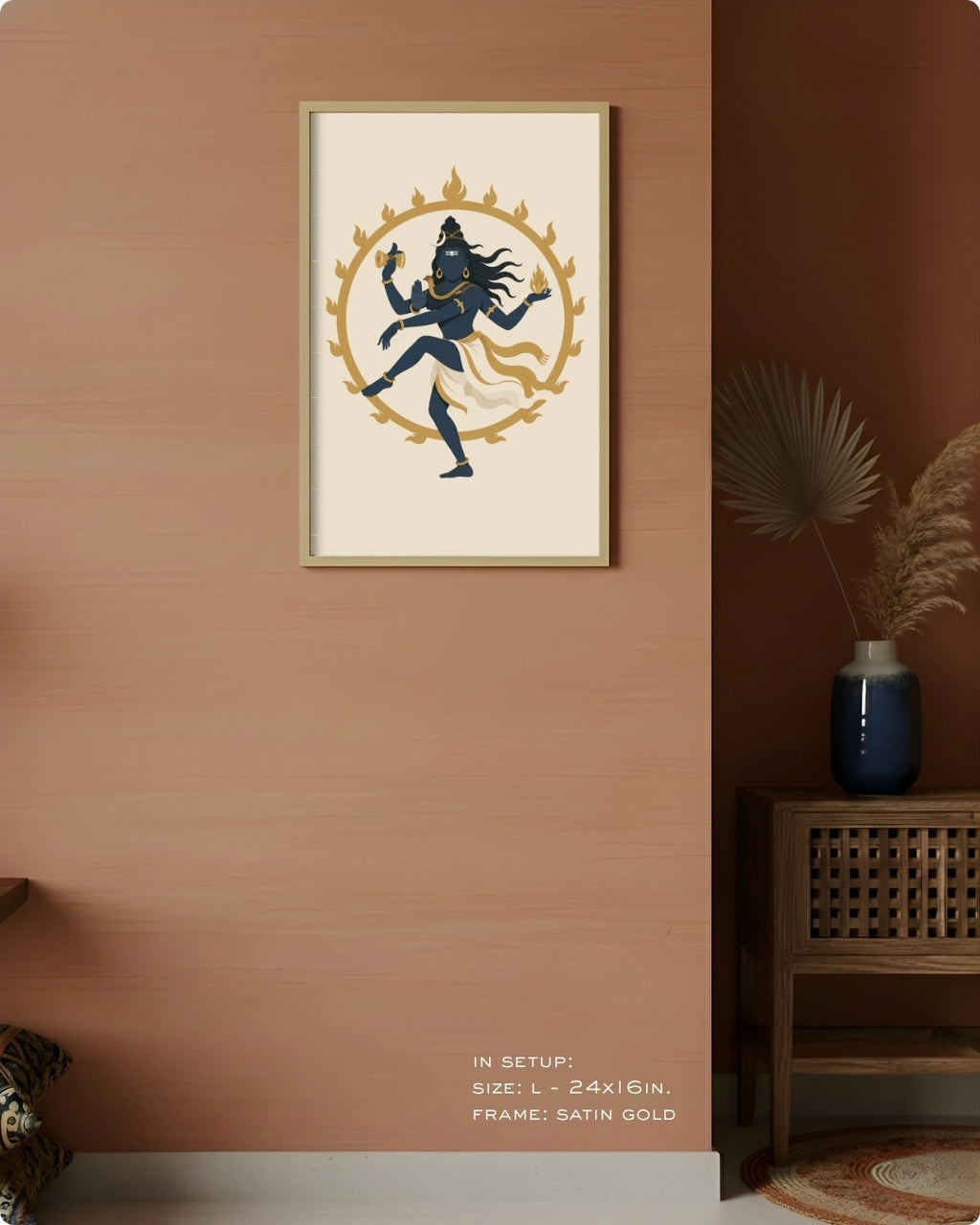 Visual size guide mockup for the Hindu deity Lord Nataraja wall art in Large size with a satin gold frame, displayed against a warm terracotta accent wall.