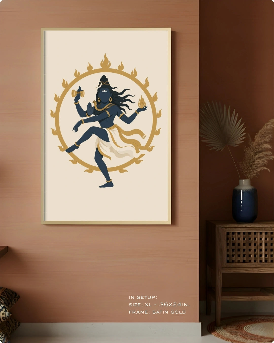 Visual size guide mockup for the Hindu deity Lord Nataraja wall art in Extra Large size with a satin gold frame, displayed against a warm terracotta accent wall.