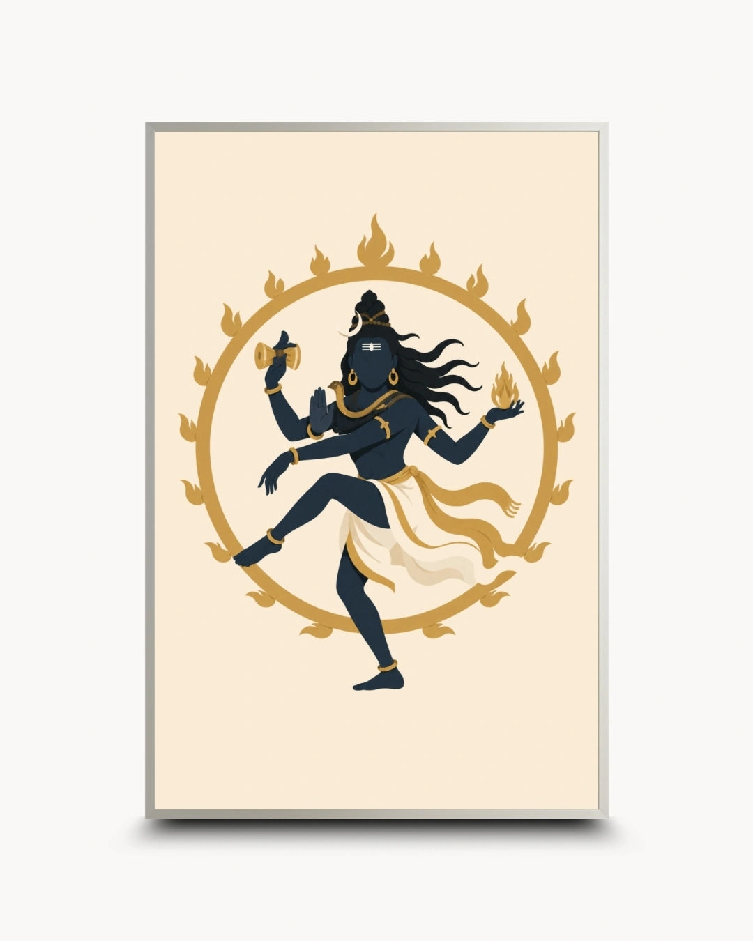 Minimalist illustration of the Hindu deity Lord Nataraja performing the cosmic dance, presented as a modern wall art piece in a modern satin silver frame.